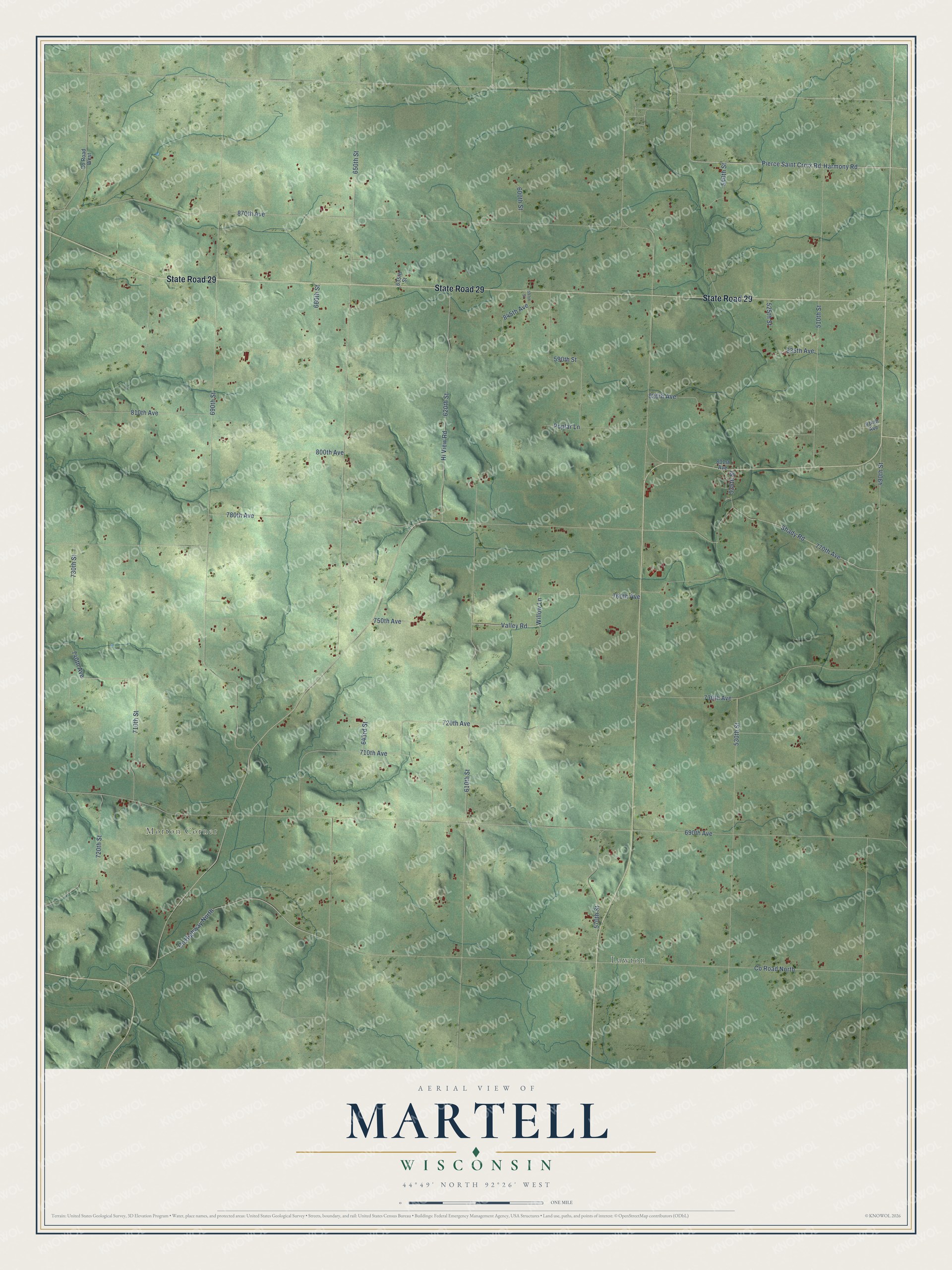 Full map of Martell, Wisconsin, with red buildings, printed street names and the land around them