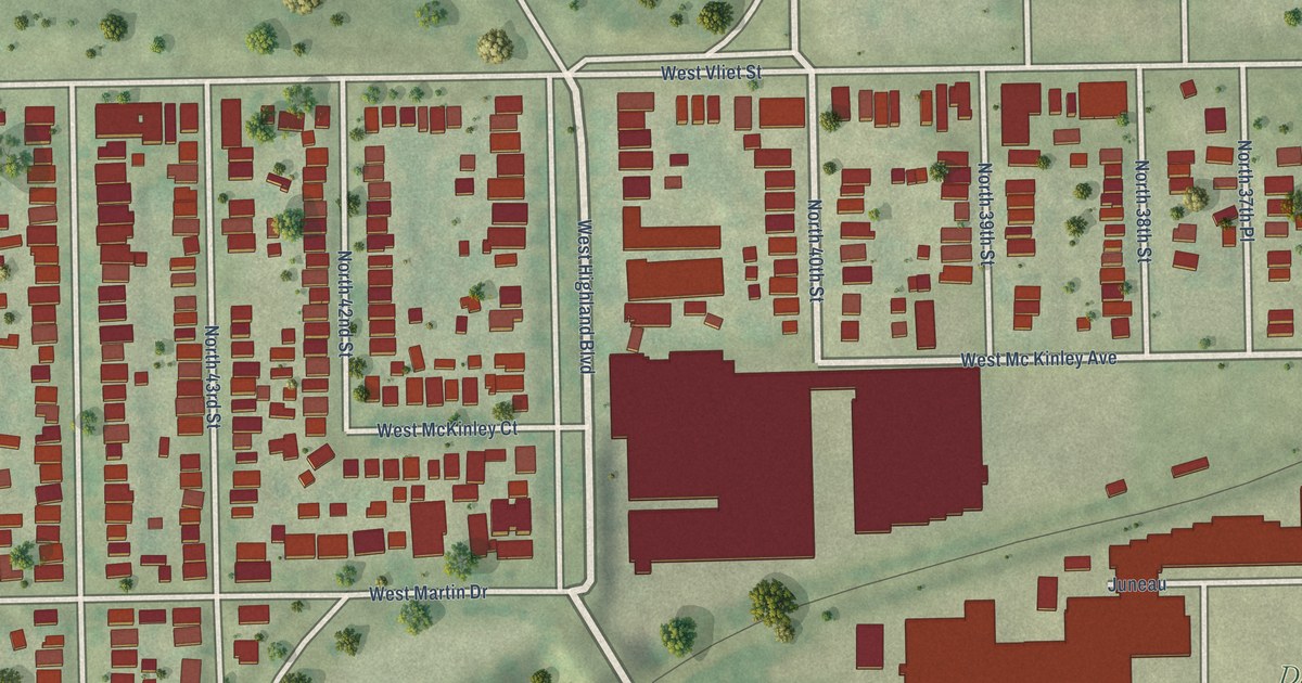 Close-up of streets and buildings in Martin Drive, Wisconsin