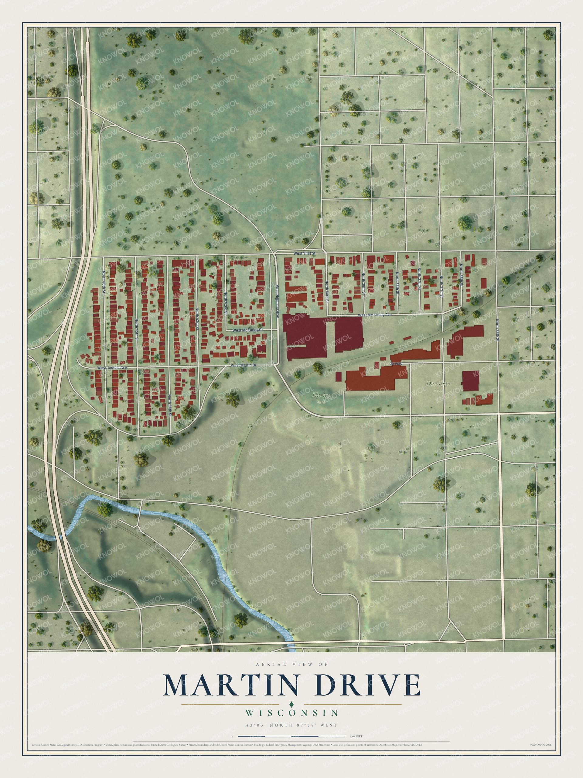 Full map of Martin Drive, Wisconsin, with red buildings, printed street names and the land around them