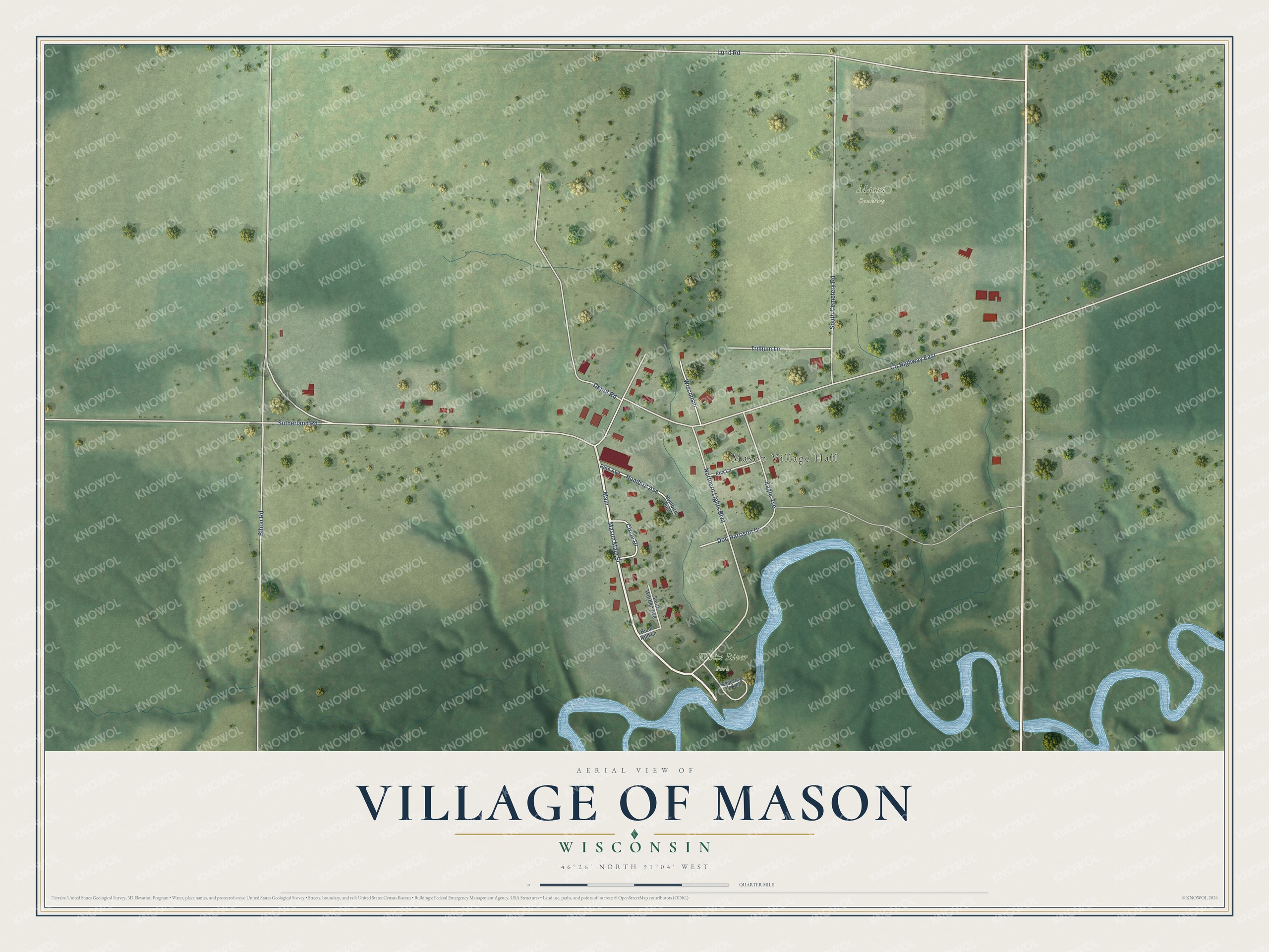 Full map of Mason, Wisconsin, with red buildings, printed street names and the land around them