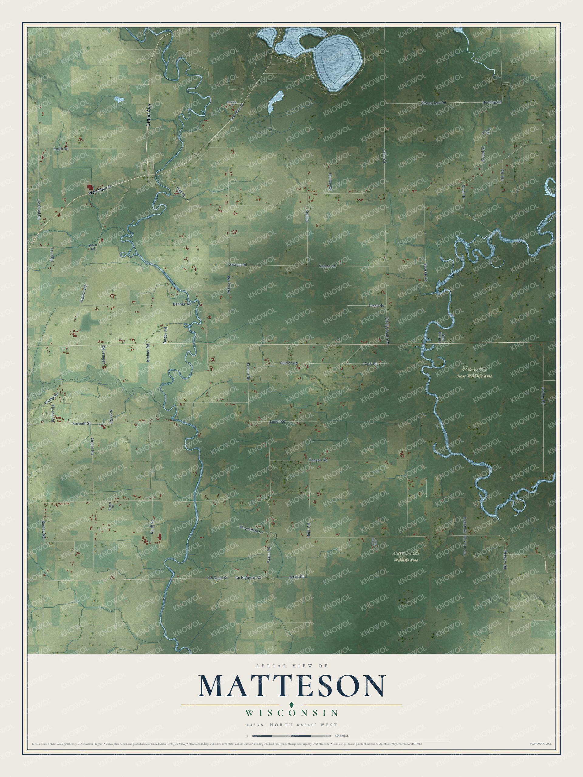 Full map of Matteson, Wisconsin, with red buildings, printed street names and the land around them