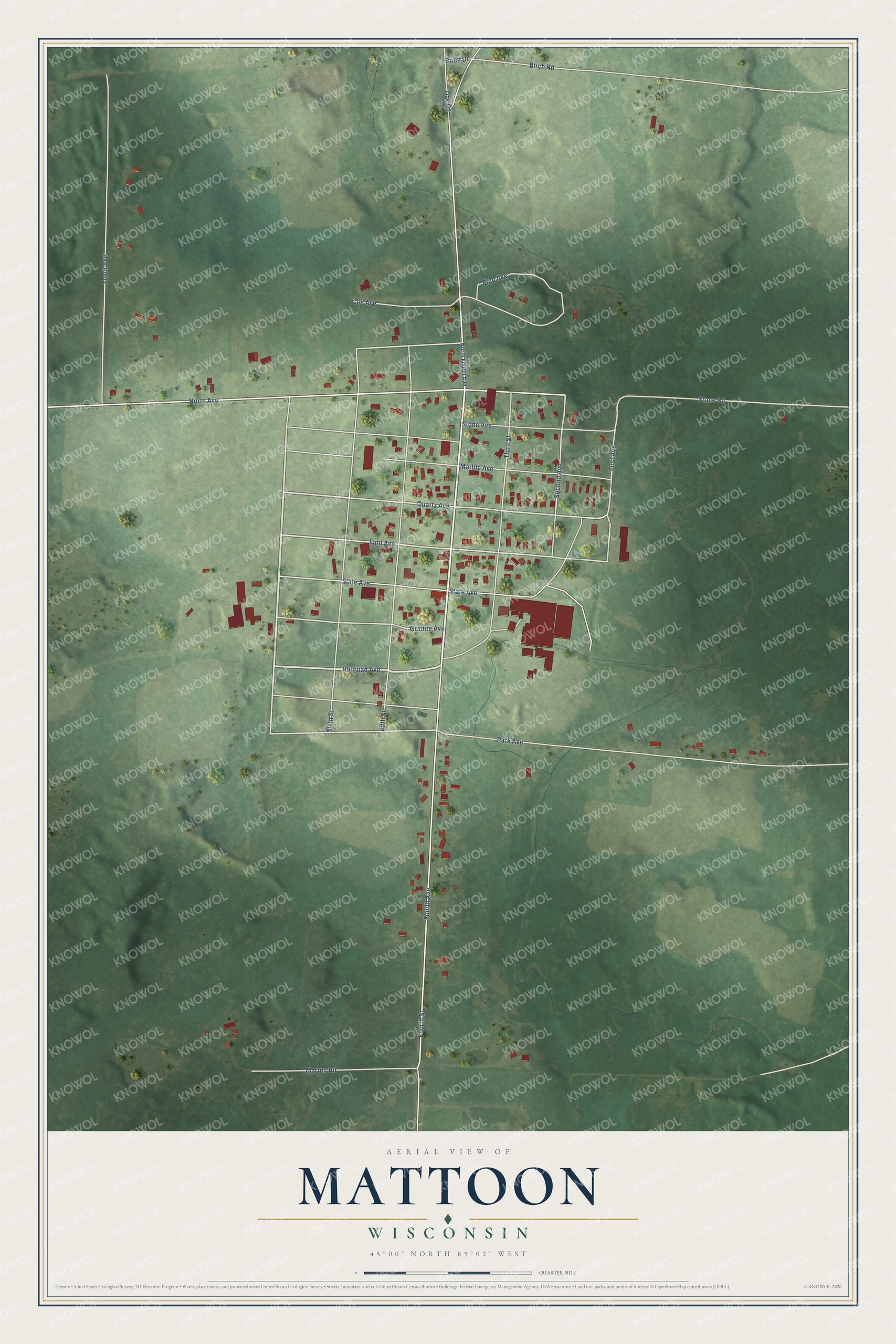 Full map of Mattoon, Wisconsin, with red buildings, printed street names and the land around them