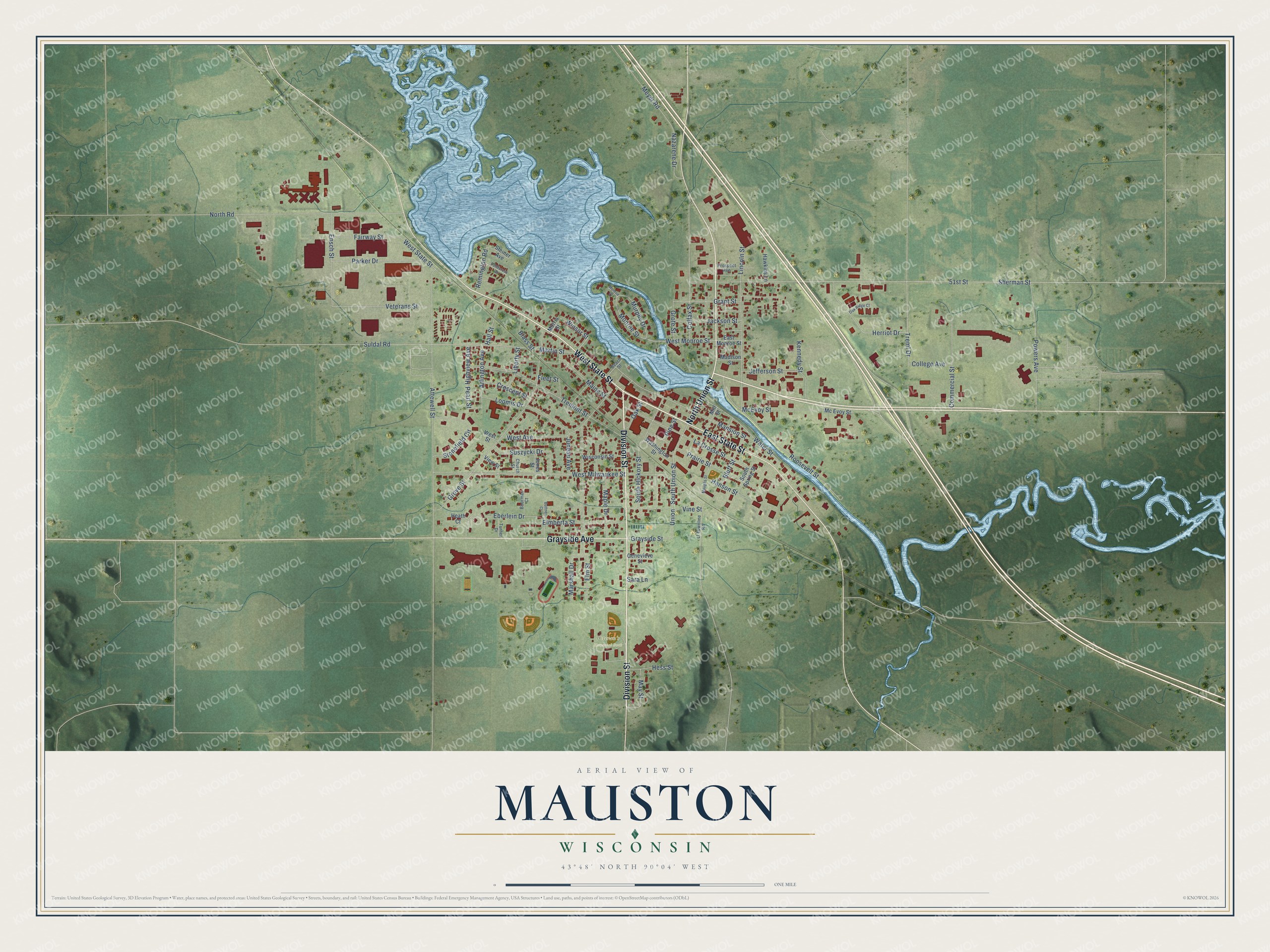 Full map of Mauston, Wisconsin, with red buildings, printed street names and the land around them
