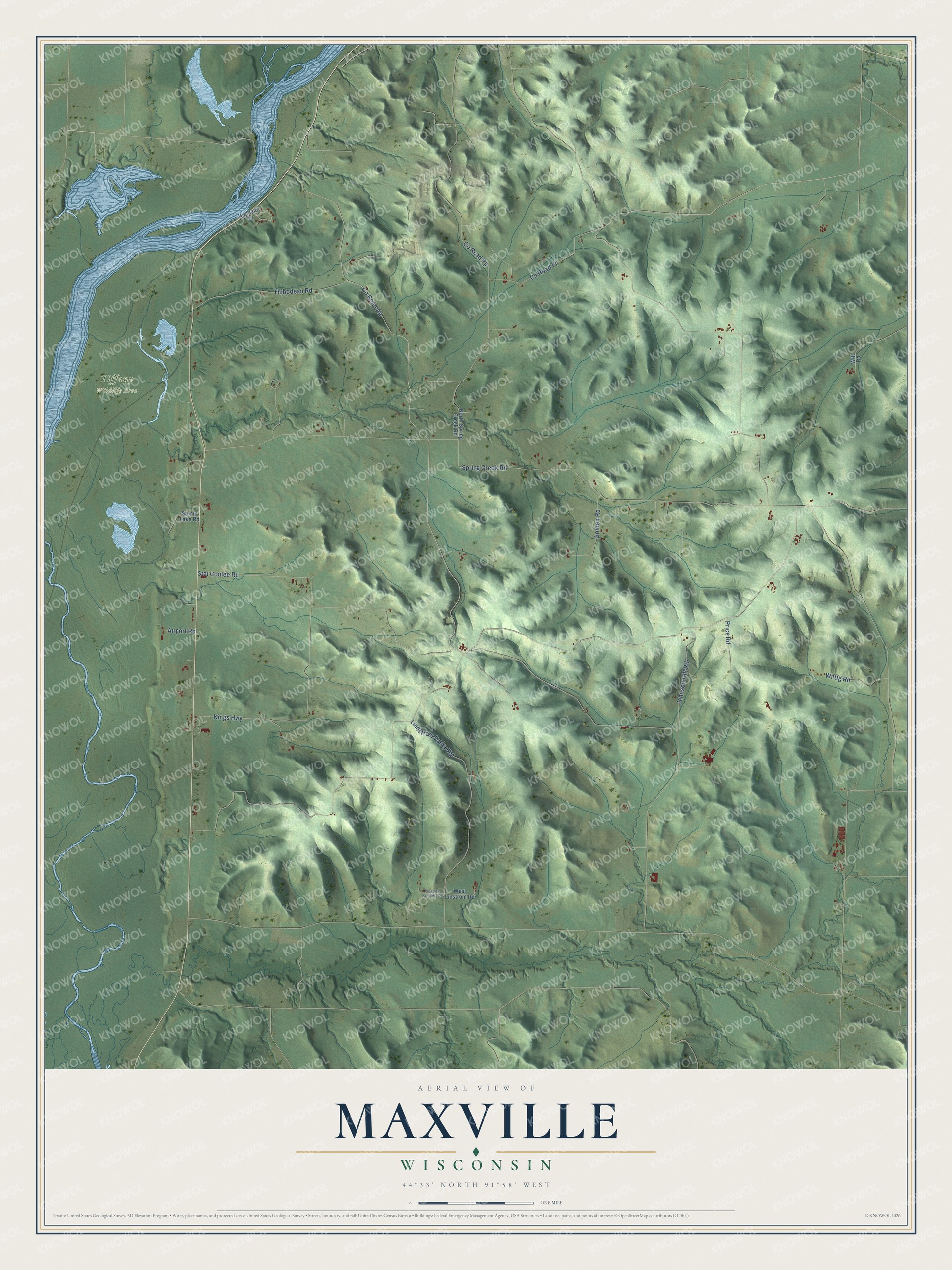 Full map of Maxville, Wisconsin, with red buildings, printed street names and the land around them