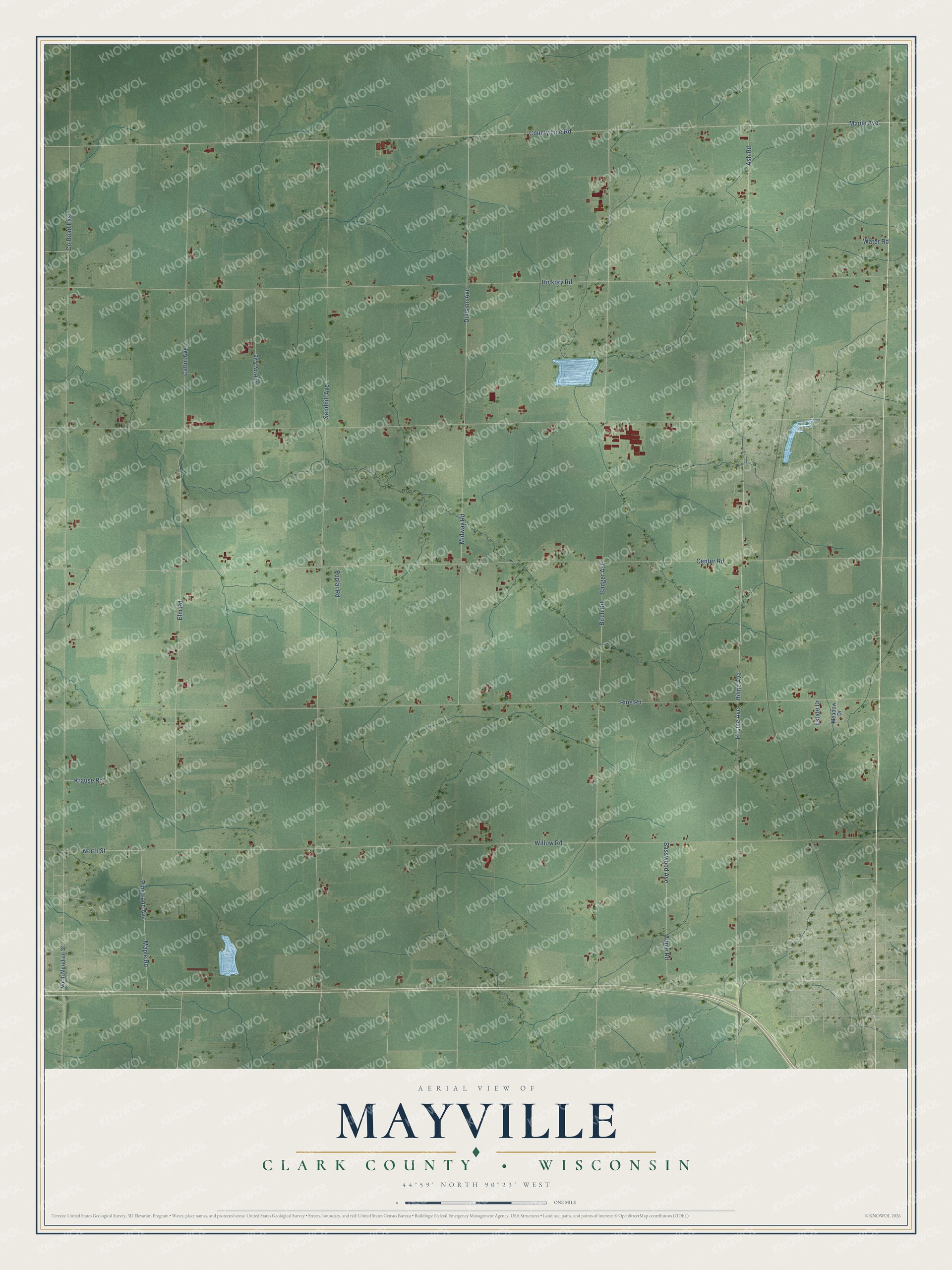 Full map of Mayville, Wisconsin, with red buildings, printed street names and the land around them