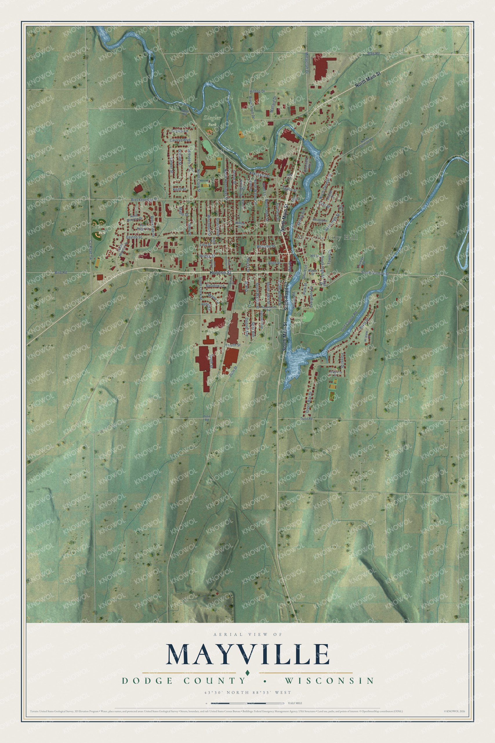 Full map of Mayville, Wisconsin, with red buildings, printed street names and the land around them