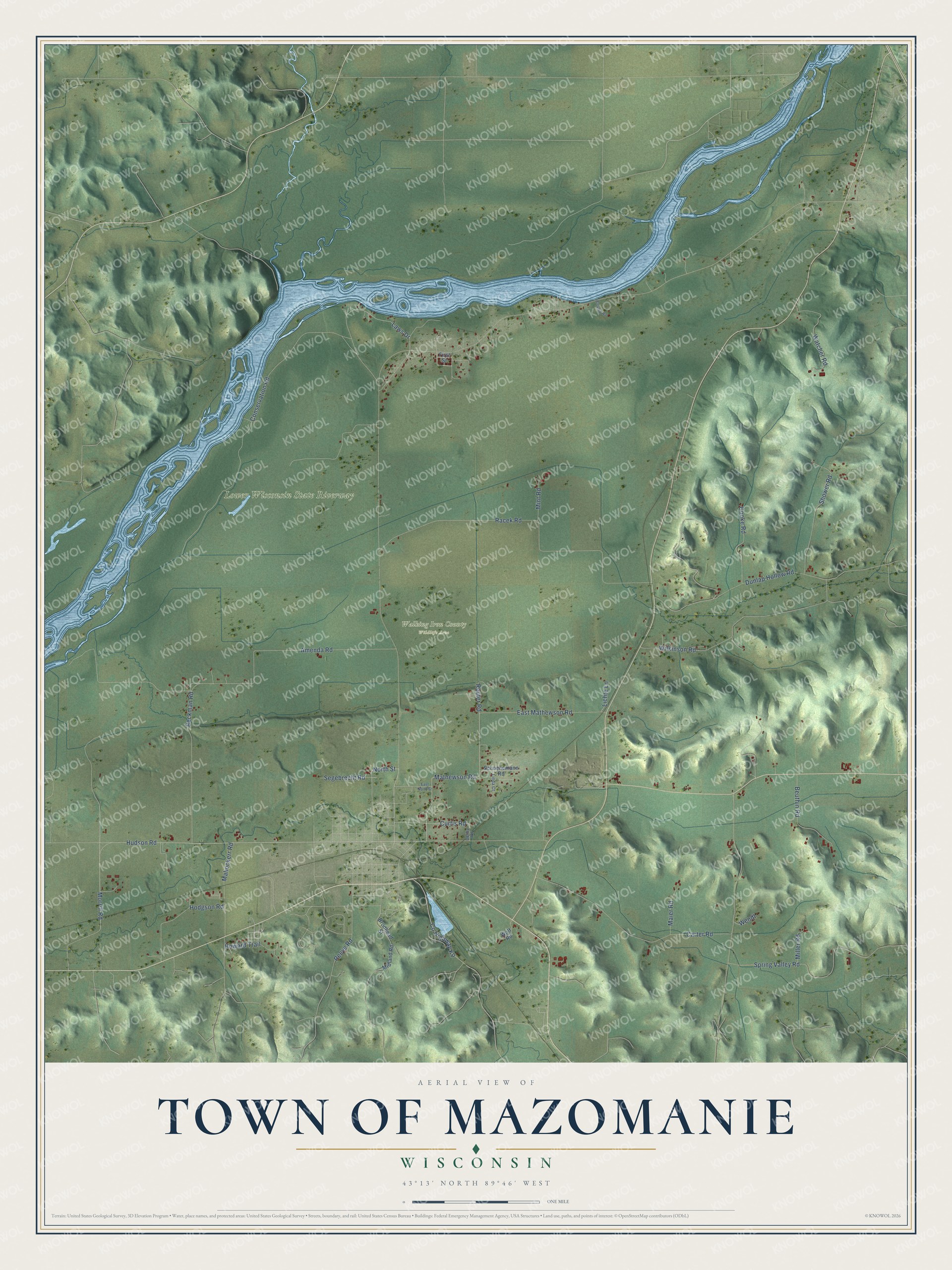 Full map of Mazomanie, Wisconsin, with red buildings, printed street names and the land around them