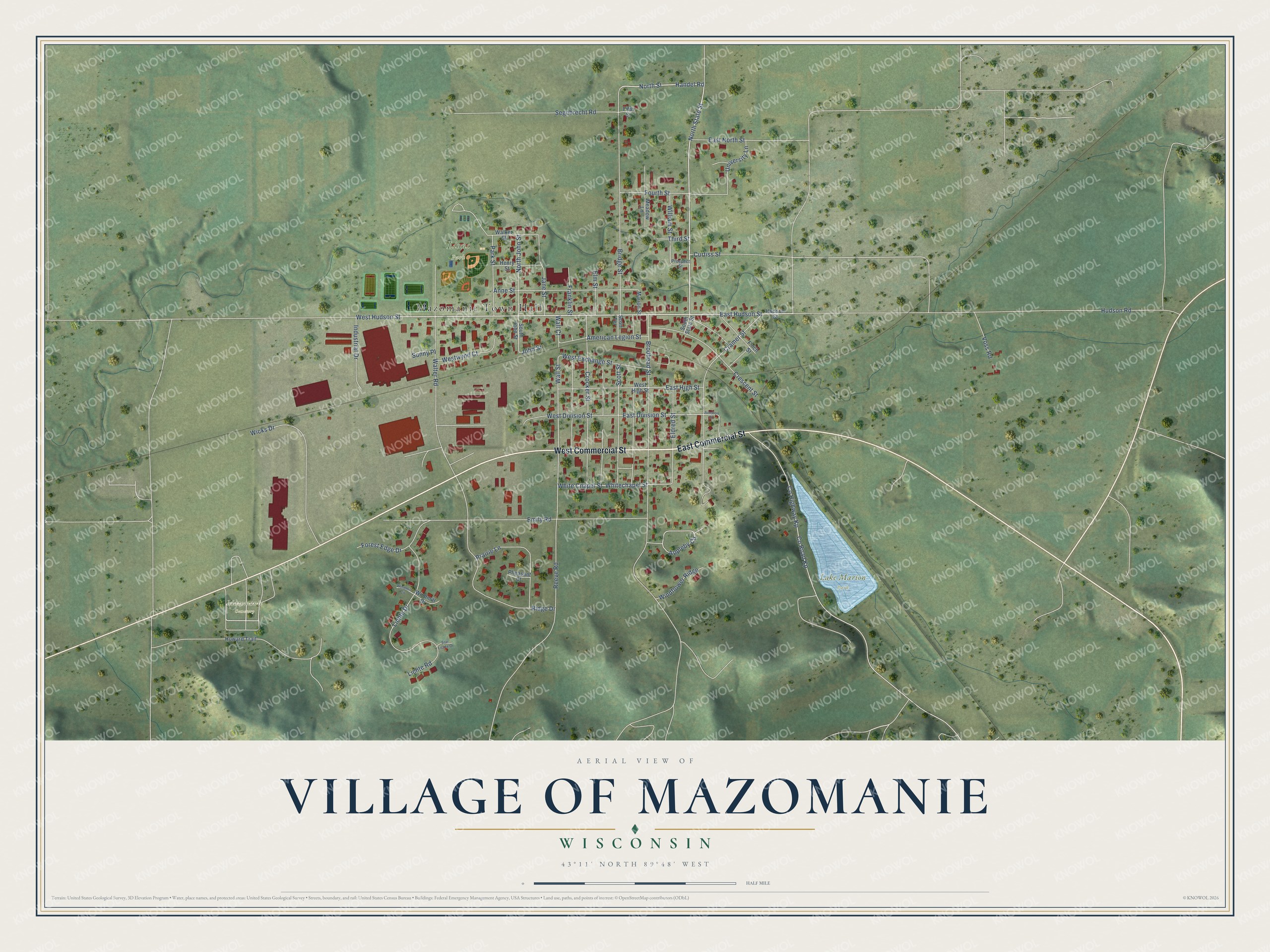 Full map of Mazomanie, Wisconsin, with red buildings, printed street names and the land around them