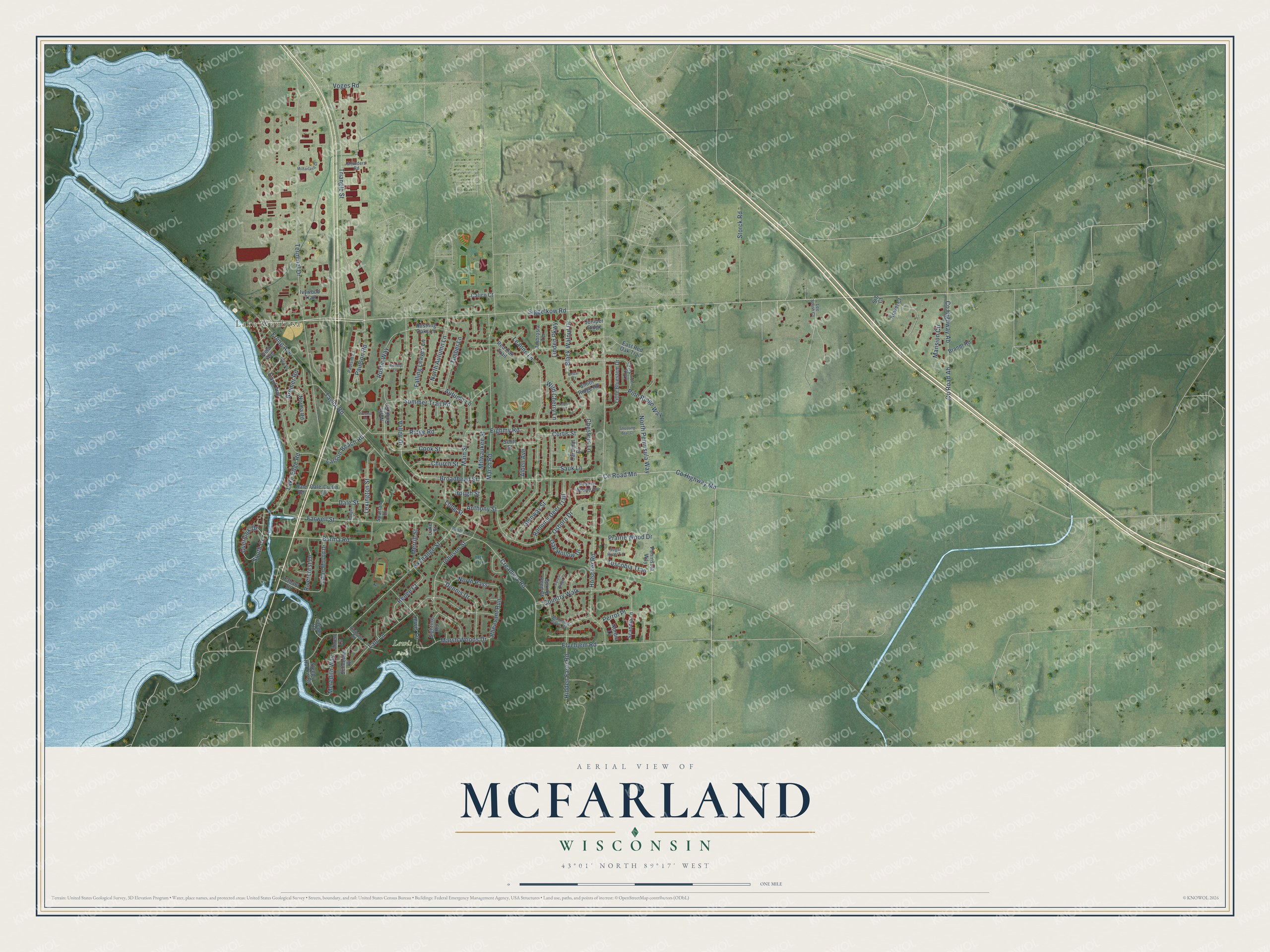 Full map of McFarland, Wisconsin, with red buildings, printed street names and the land around them