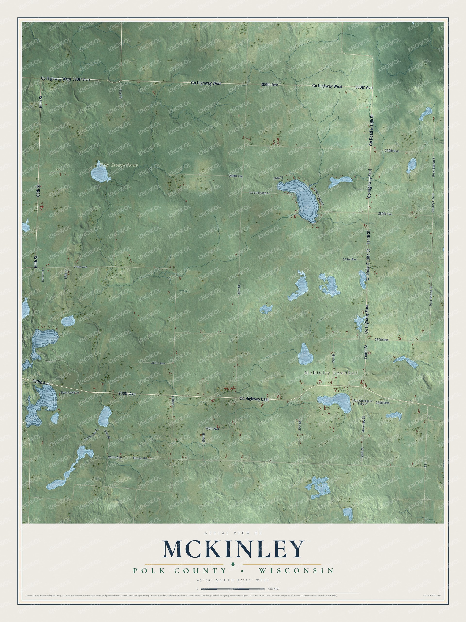 Full map of McKinley, Wisconsin, with red buildings, printed street names and the land around them