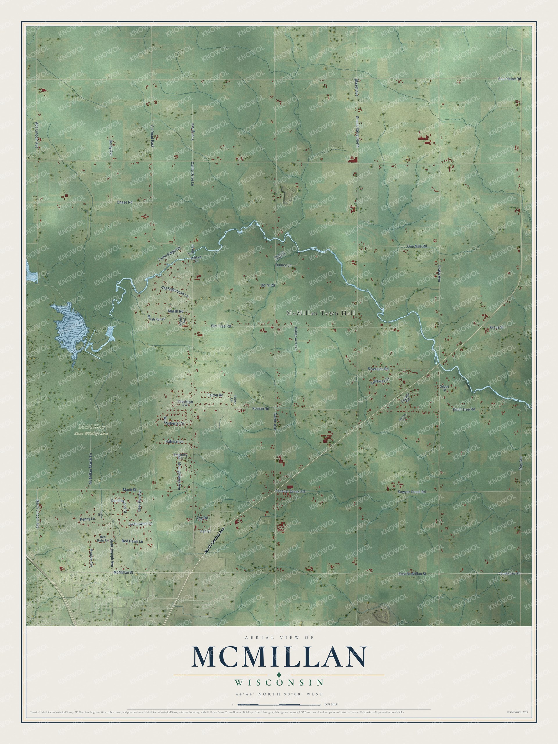 Full map of McMillan, Wisconsin, with red buildings, printed street names and the land around them