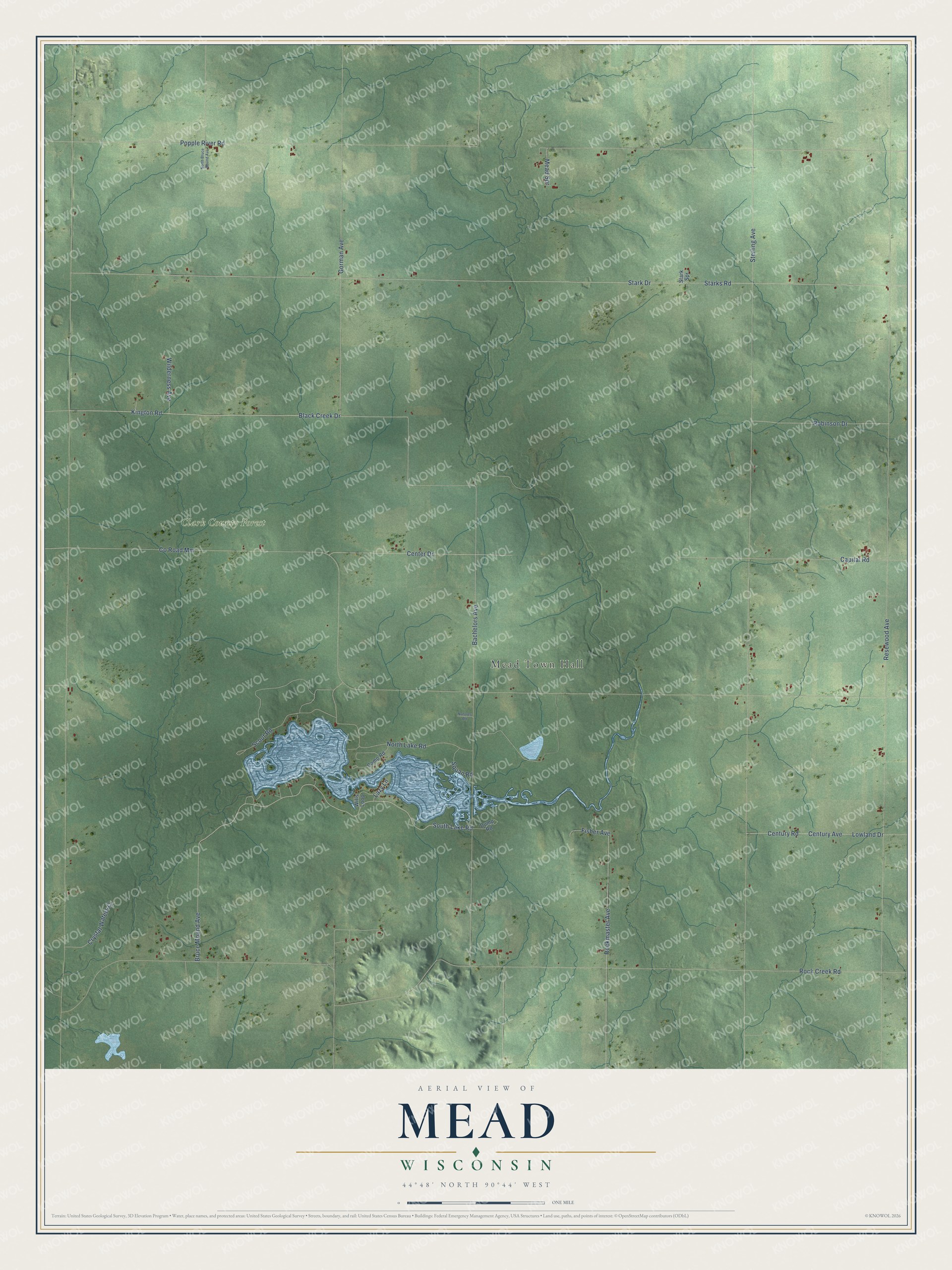 Full map of Mead, Wisconsin, with red buildings, printed street names and the land around them