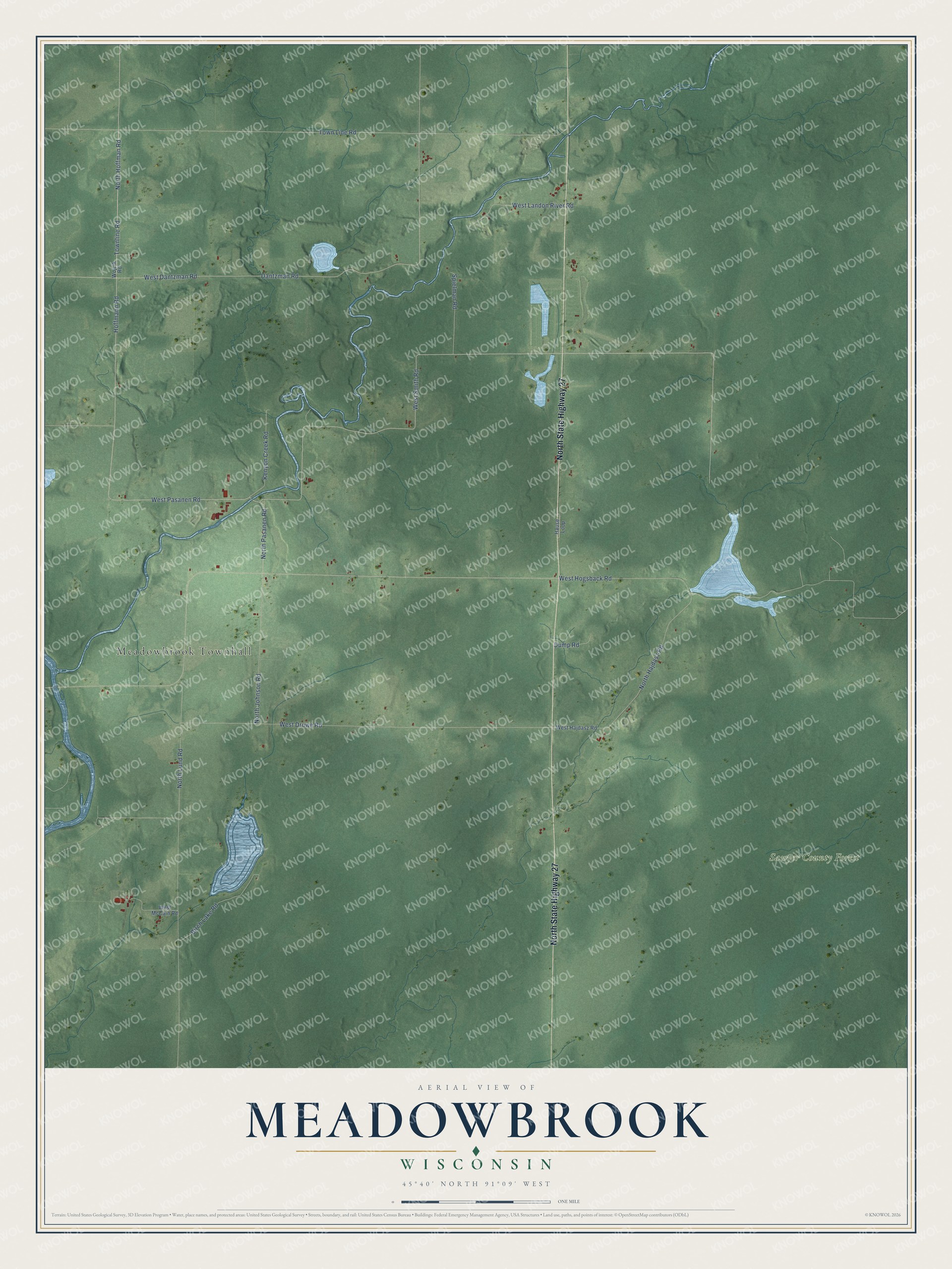 Full map of Meadowbrook, Wisconsin, with red buildings, printed street names and the land around them