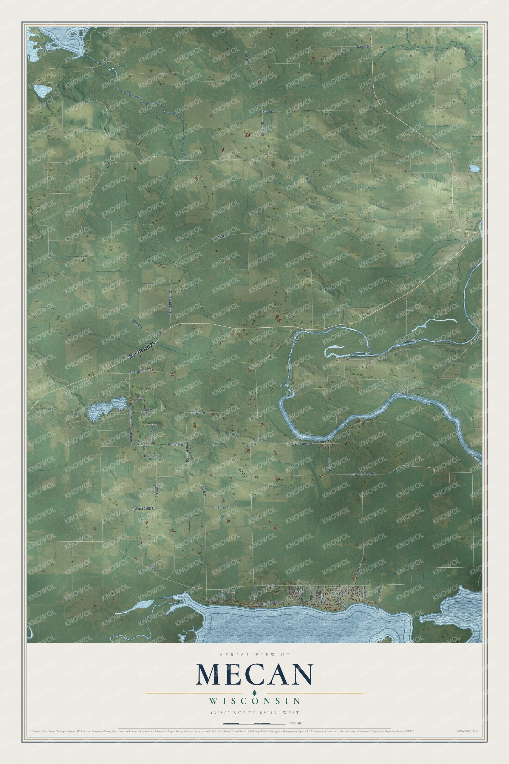 Full map of Mecan, Wisconsin, with red buildings, printed street names and the land around them