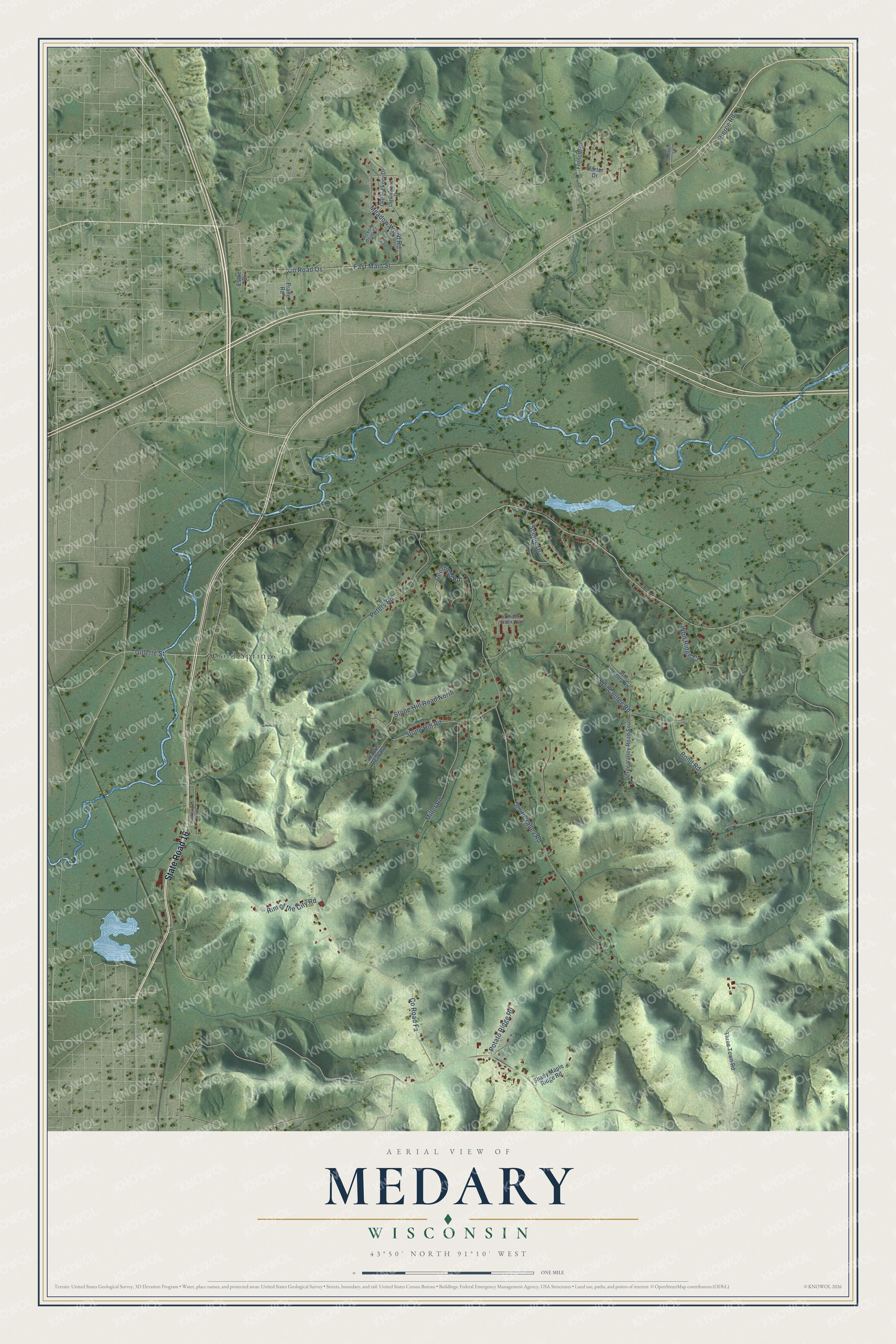 Full map of Medary, Wisconsin, with red buildings, printed street names and the land around them