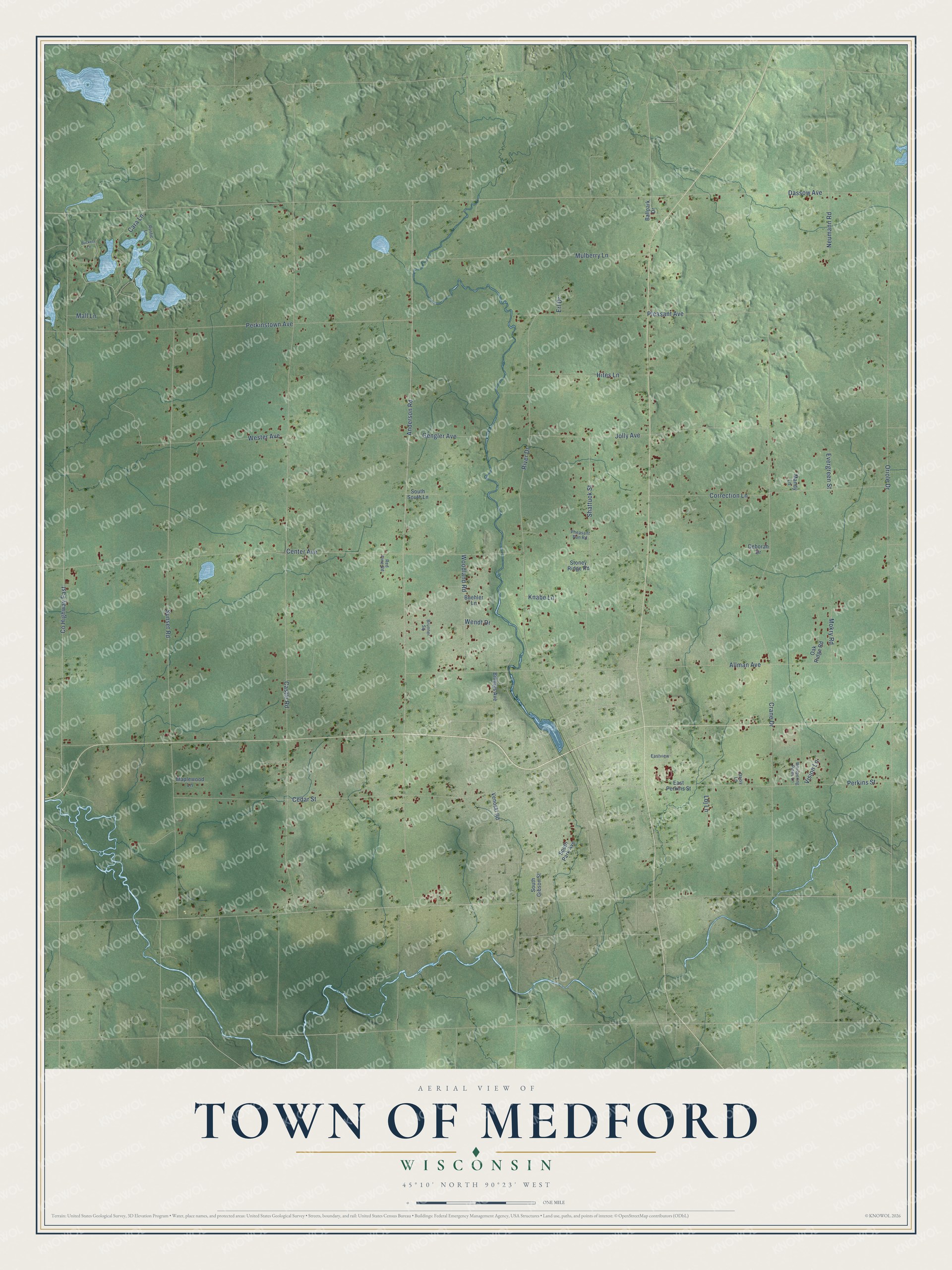 Full map of Medford, Wisconsin, with red buildings, printed street names and the land around them
