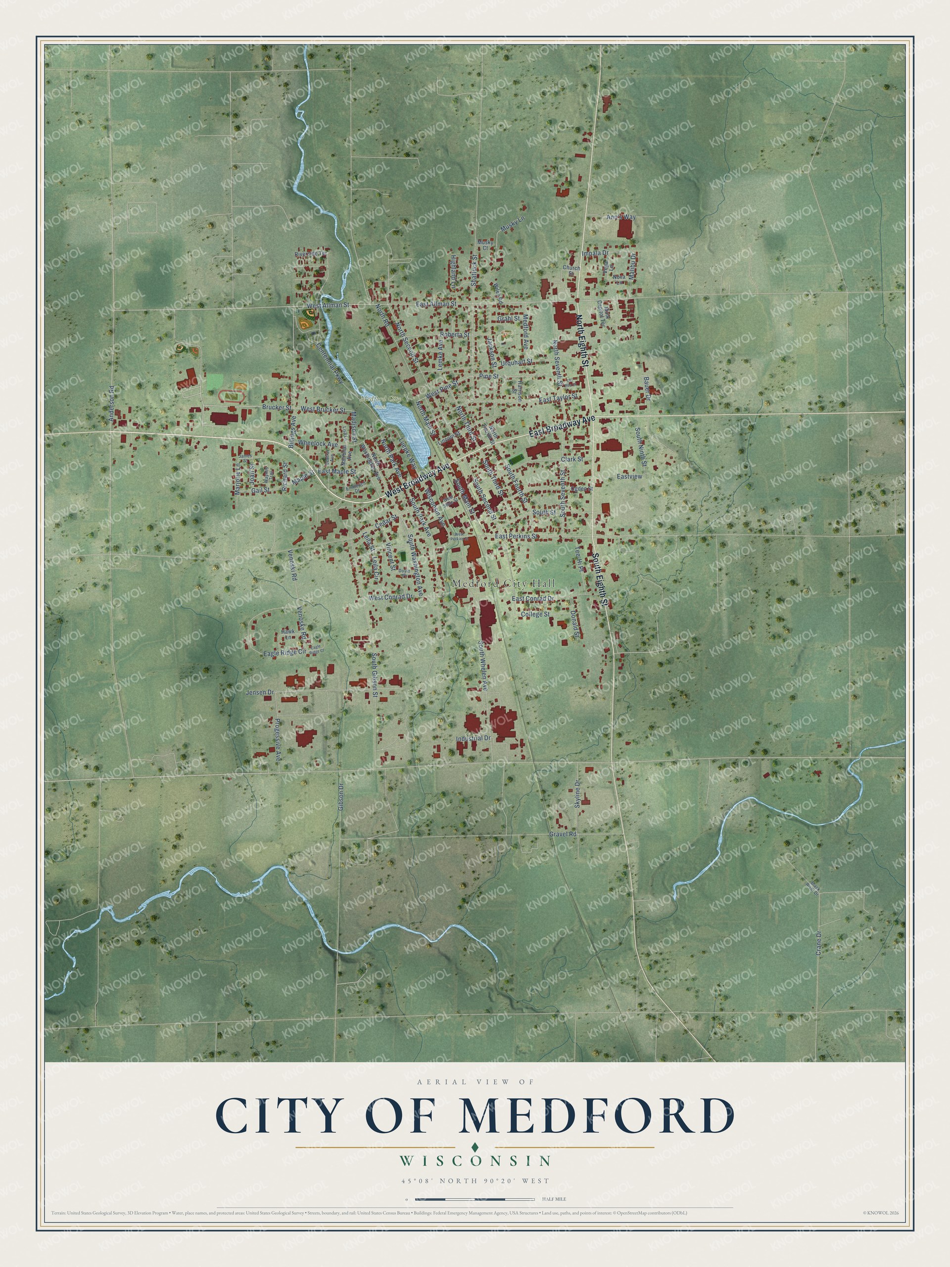 Full map of Medford, Wisconsin, with red buildings, printed street names and the land around them