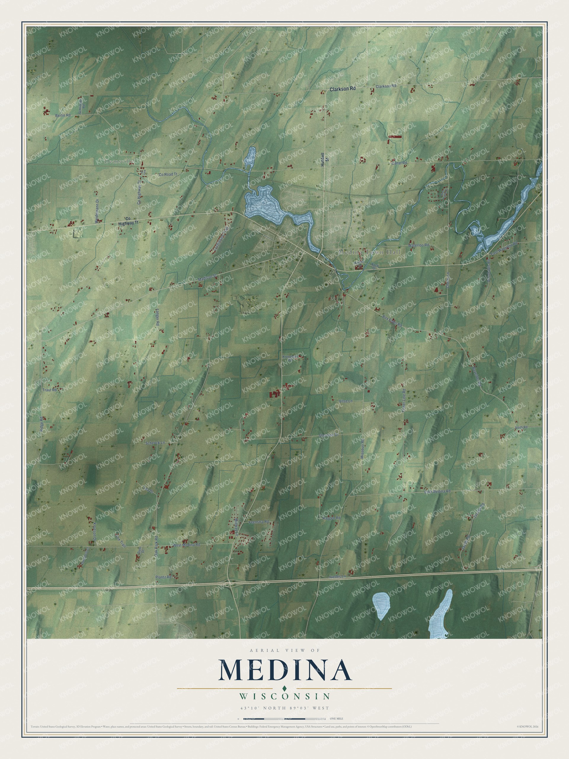 Full map of Medina, Wisconsin, with red buildings, printed street names and the land around them