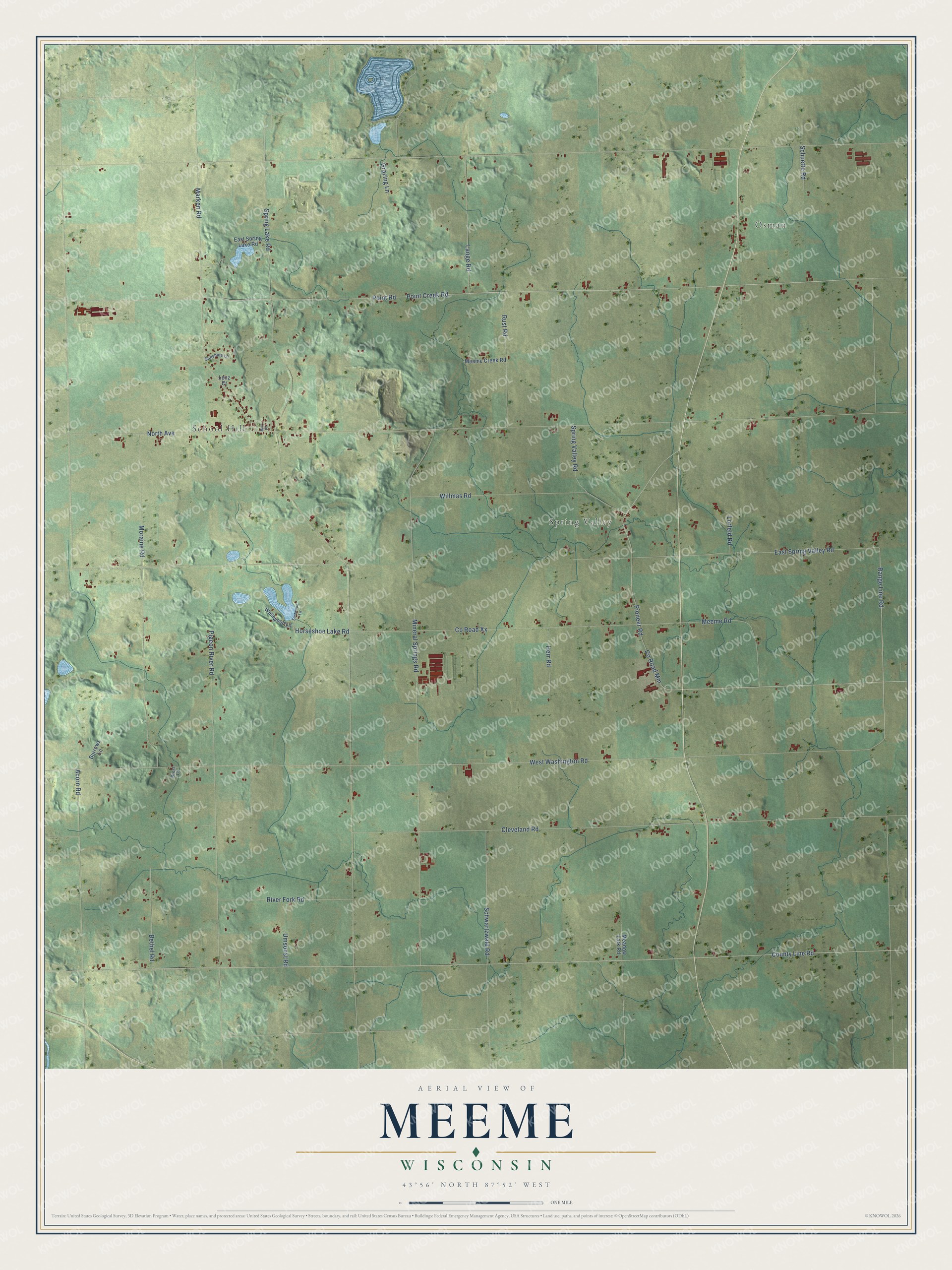 Full map of Meeme, Wisconsin, with red buildings, printed street names and the land around them