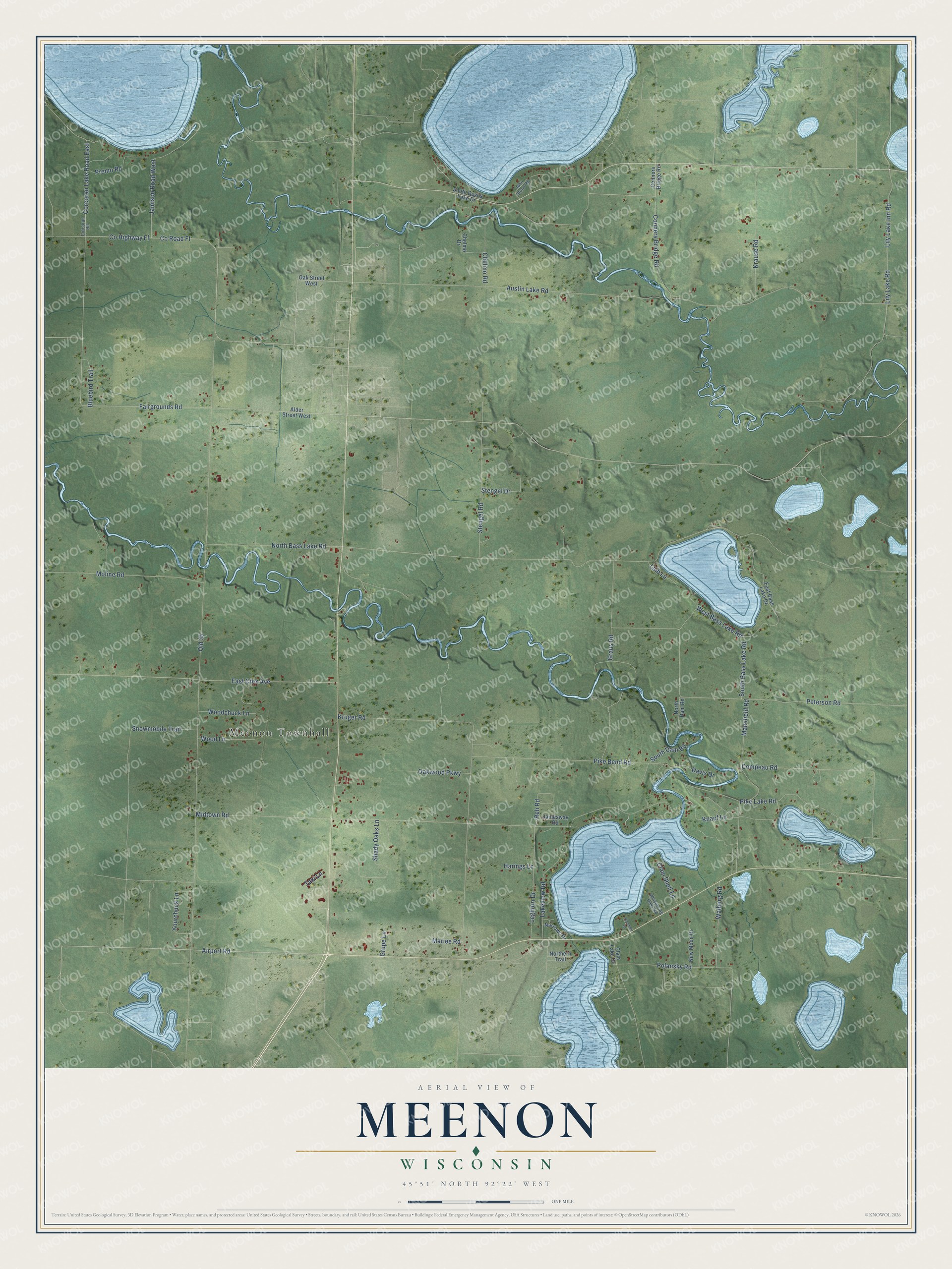 Full map of Meenon, Wisconsin, with red buildings, printed street names and the land around them