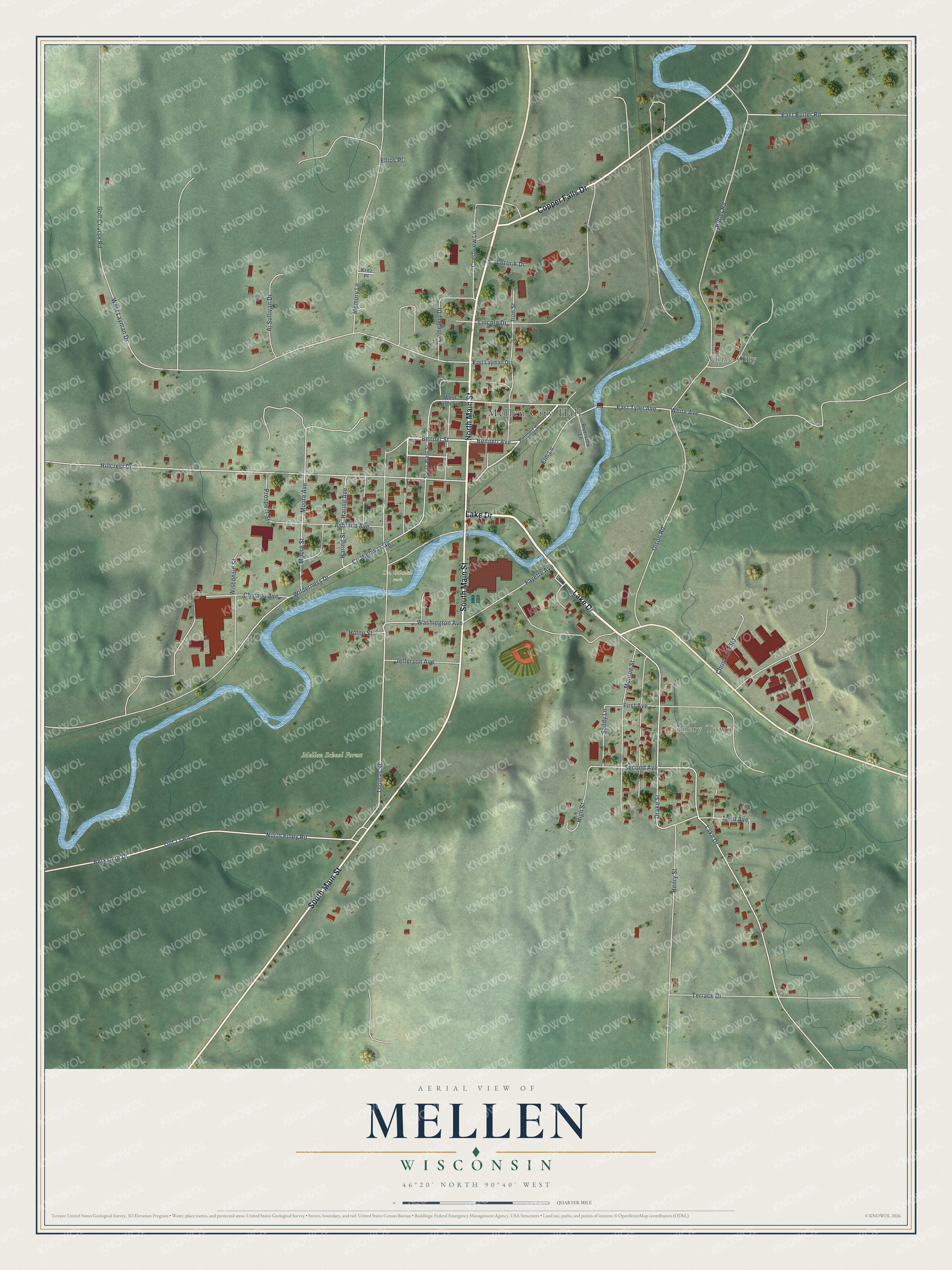 Full map of Mellen, Wisconsin, with red buildings, printed street names and the land around them