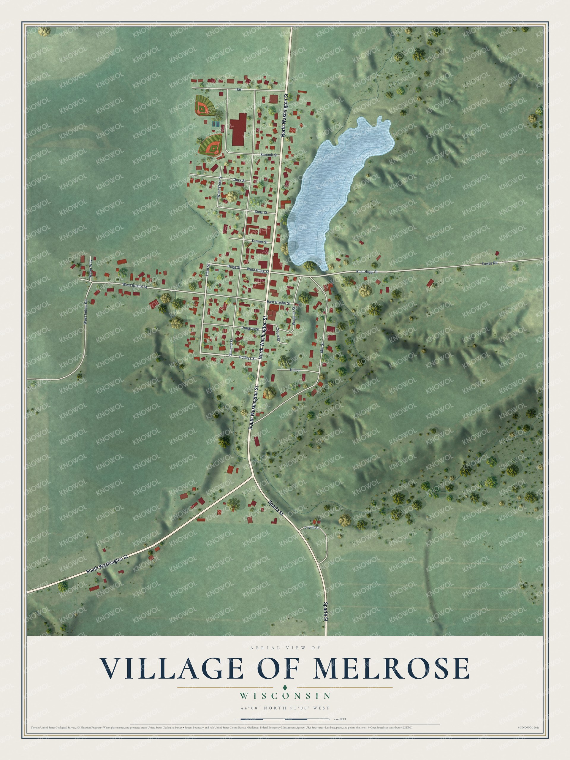 Full map of Melrose, Wisconsin, with red buildings, printed street names and the land around them