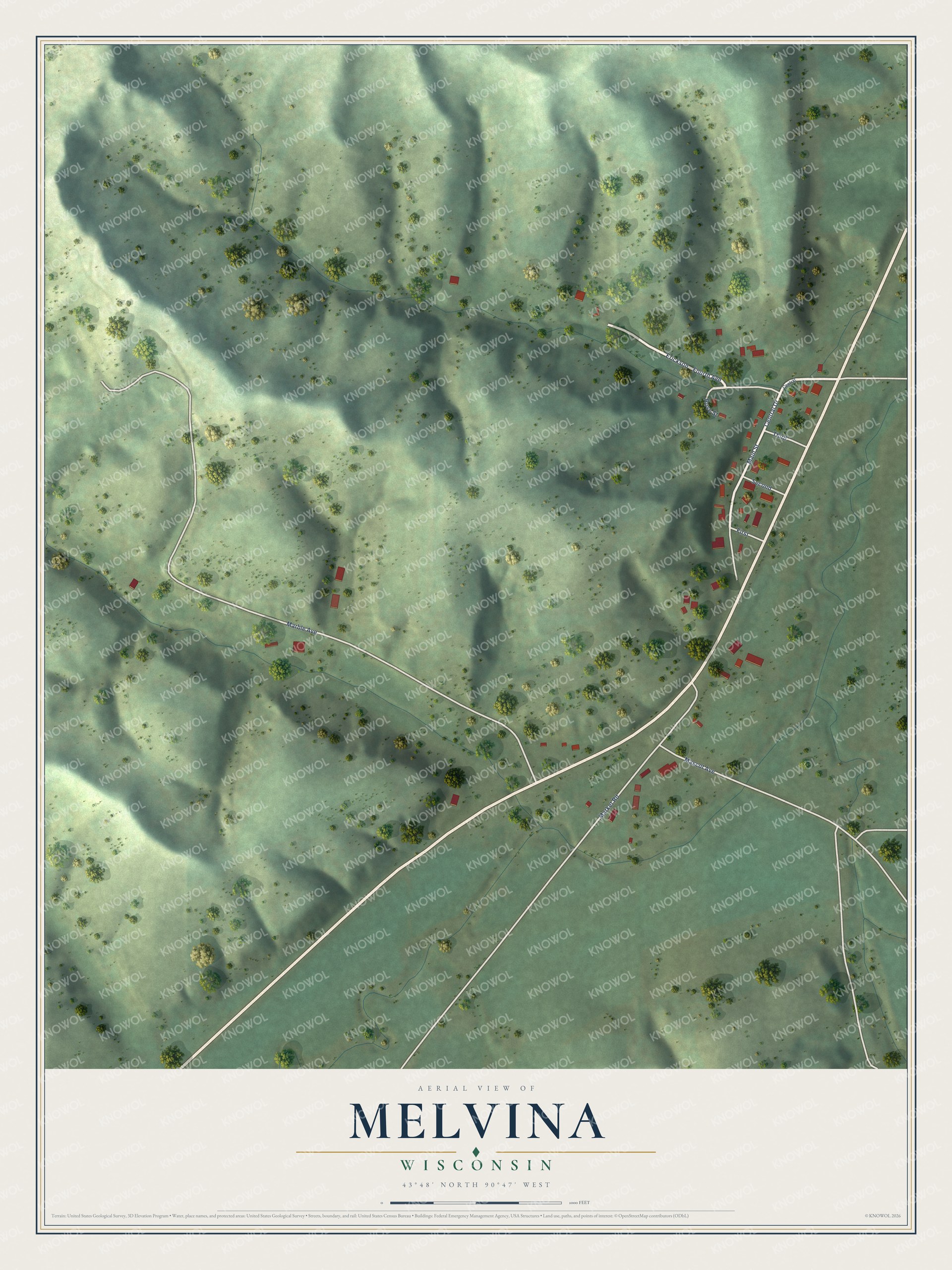 Full map of Melvina, Wisconsin, with red buildings, printed street names and the land around them