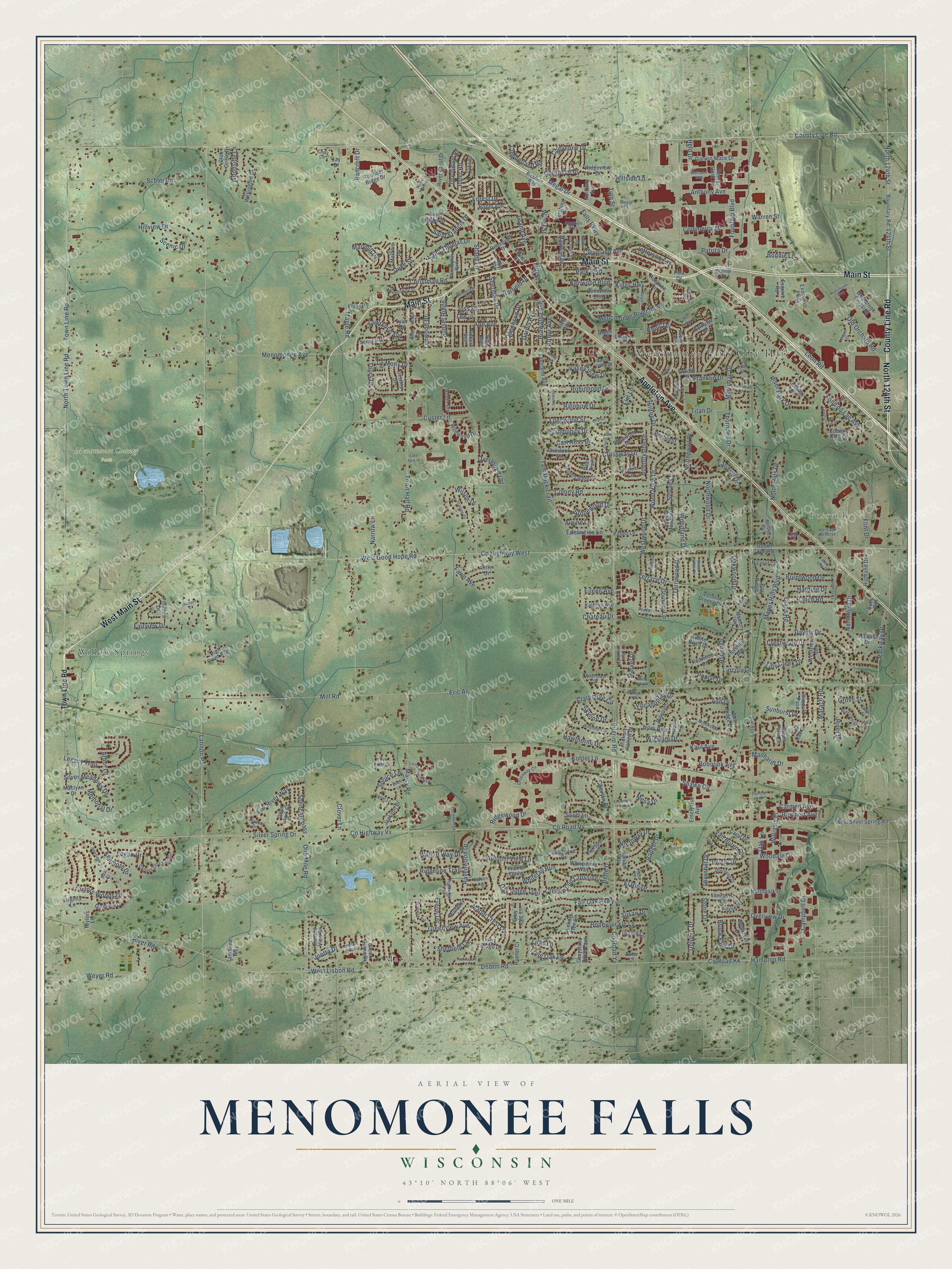 Full map of Menomonee Falls, Wisconsin, with red buildings, printed street names and the land around them