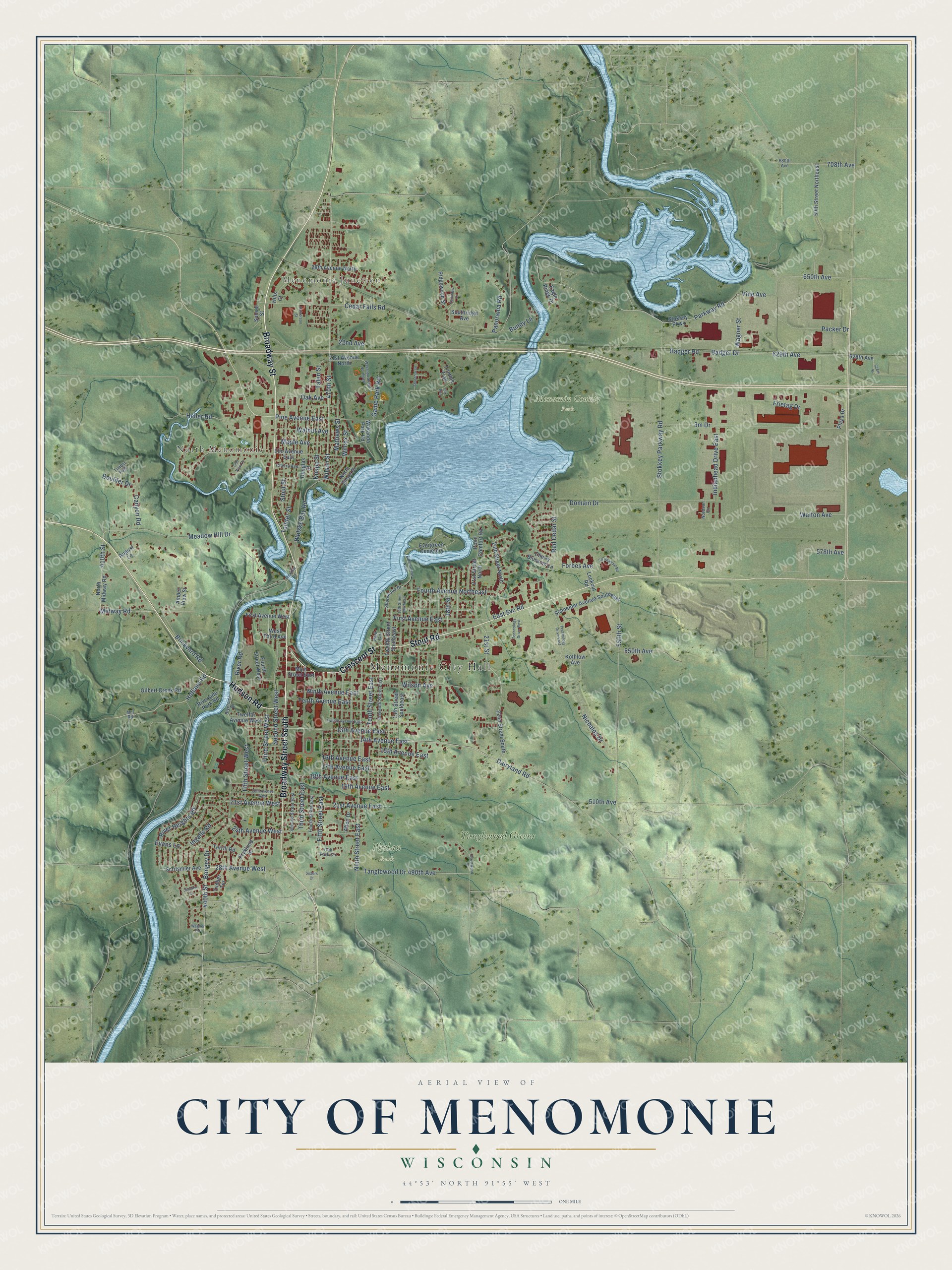 Full map of Menomonie, Wisconsin, with red buildings, printed street names and the land around them
