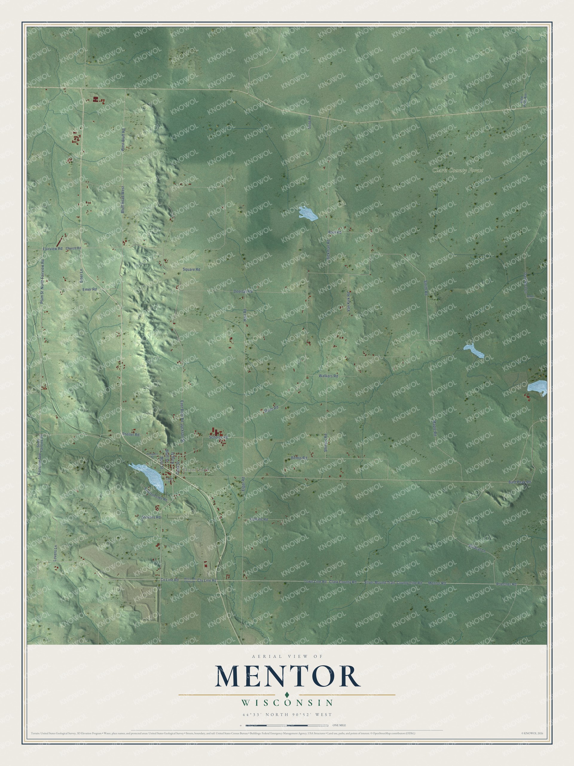 Full map of Mentor, Wisconsin, with red buildings, printed street names and the land around them