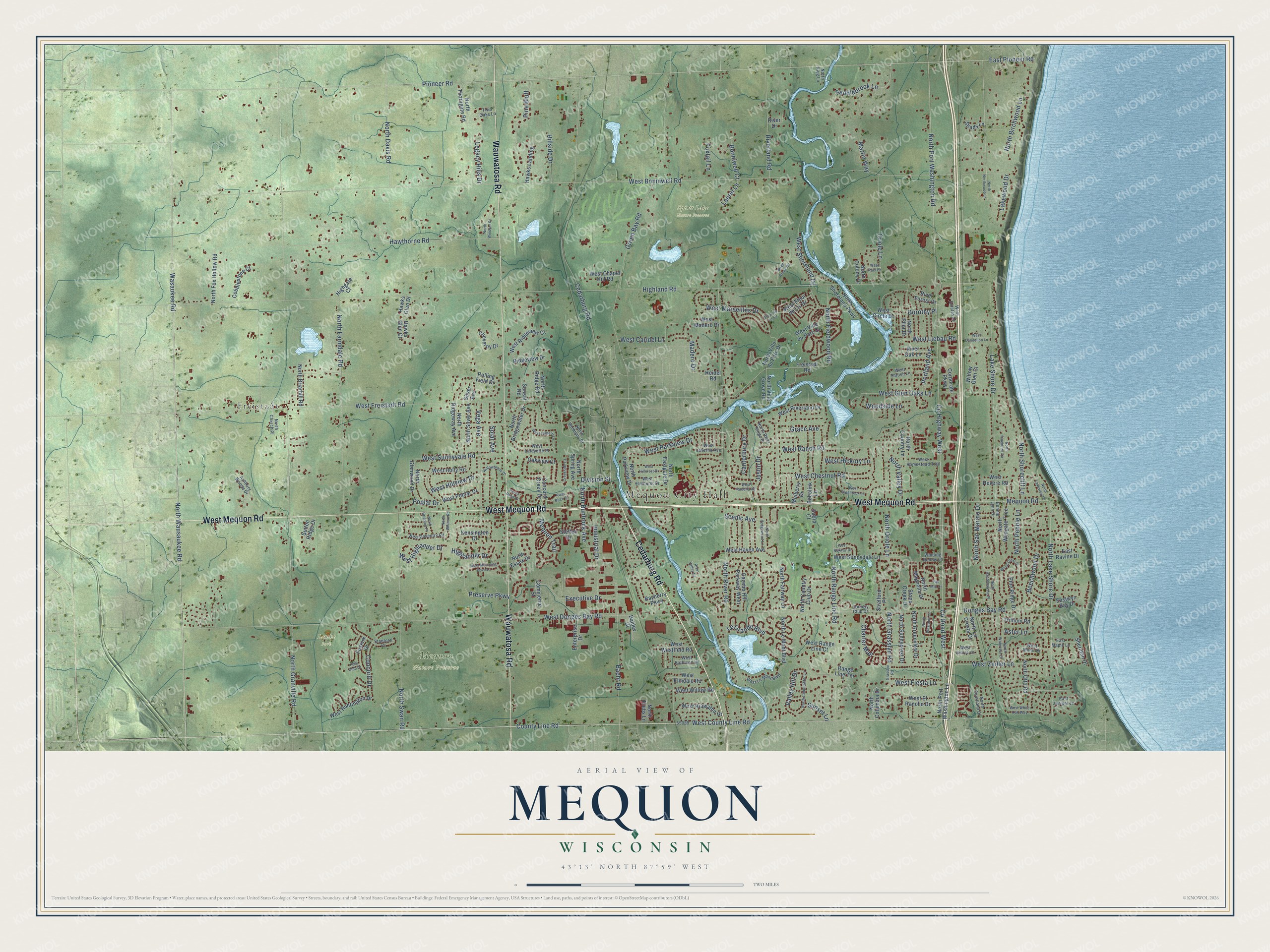 Full map of Mequon, Wisconsin, with red buildings, printed street names and the land around them