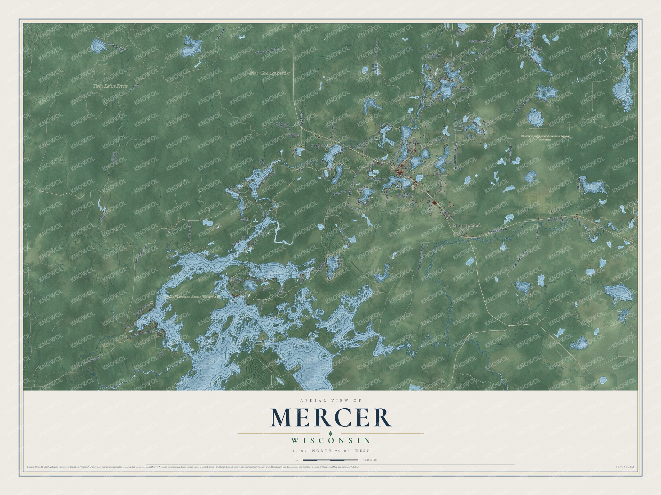 Full map of Mercer, Wisconsin, with red buildings, printed street names and the land around them