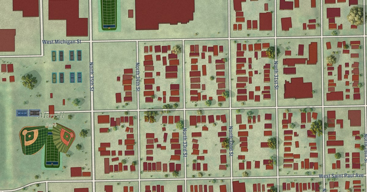 Close-up of streets and buildings in Merrill Park, Wisconsin