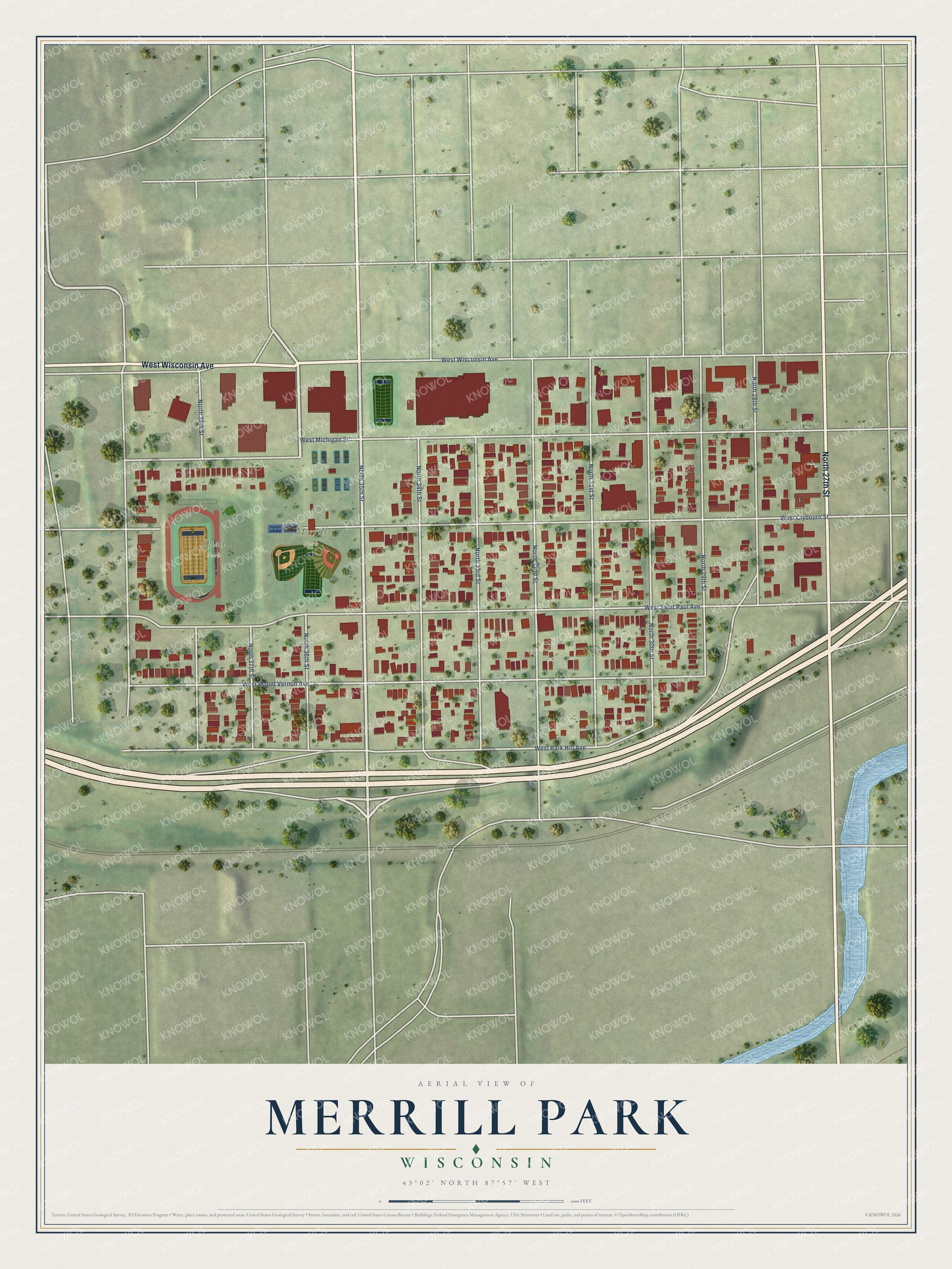 Full map of Merrill Park, Wisconsin, with red buildings, printed street names and the land around them