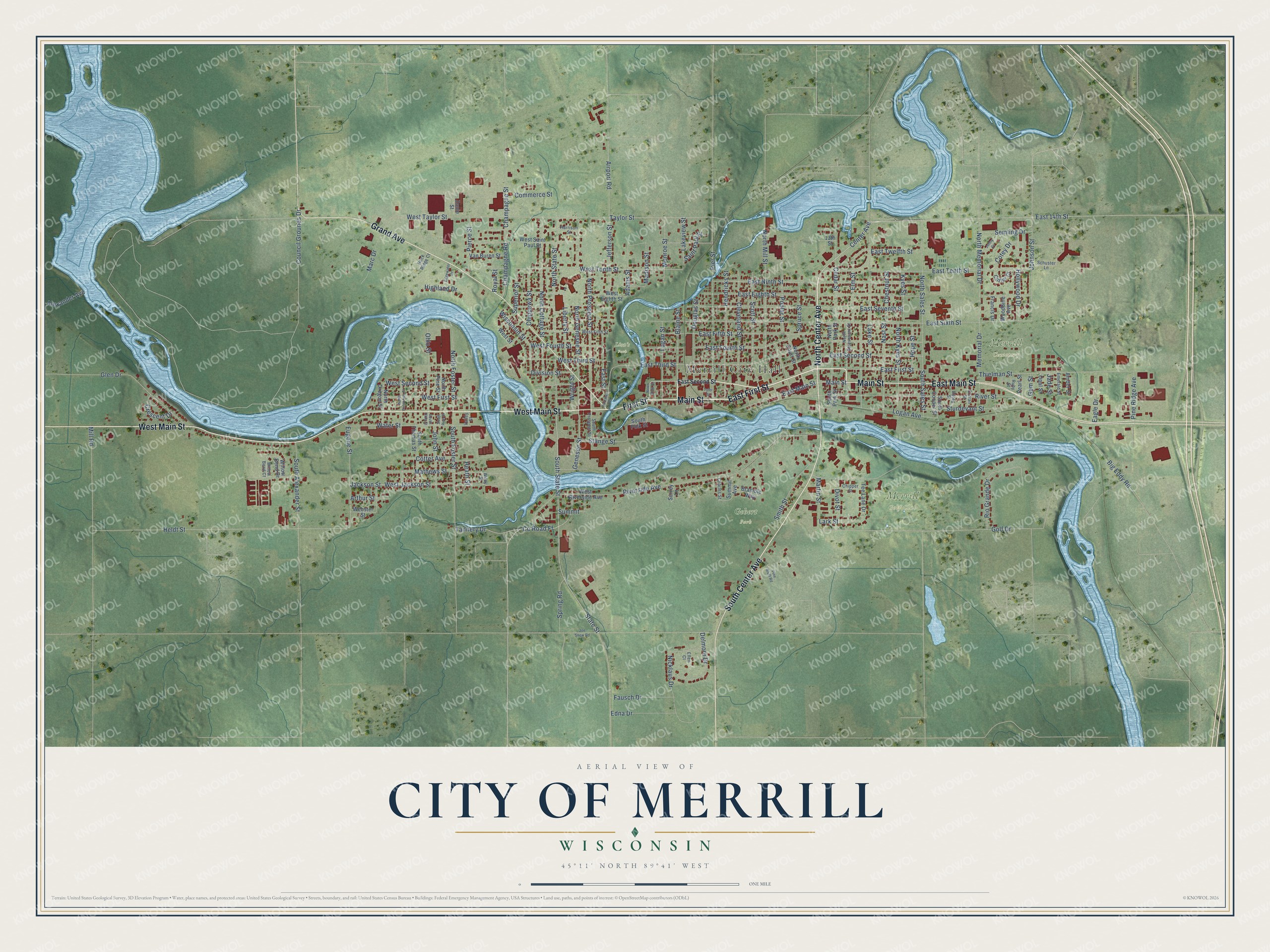 Full map of Merrill, Wisconsin, with red buildings, printed street names and the land around them