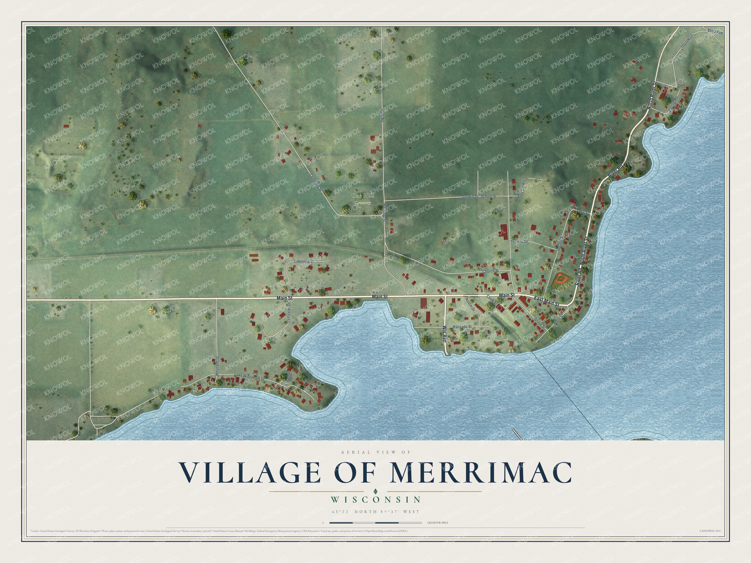 Full map of Merrimac, Wisconsin, with red buildings, printed street names and the land around them