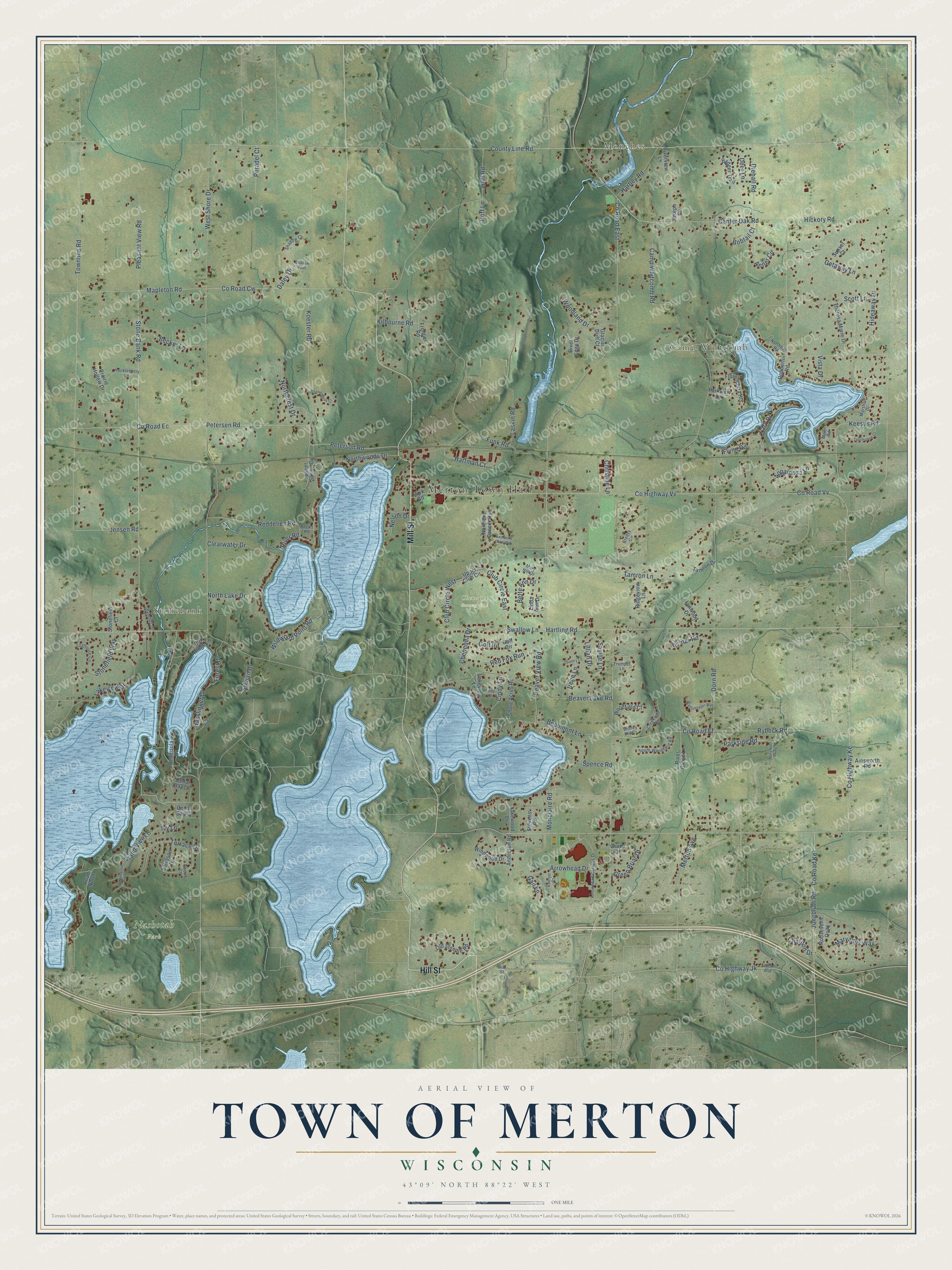 Full map of Merton, Wisconsin, with red buildings, printed street names and the land around them