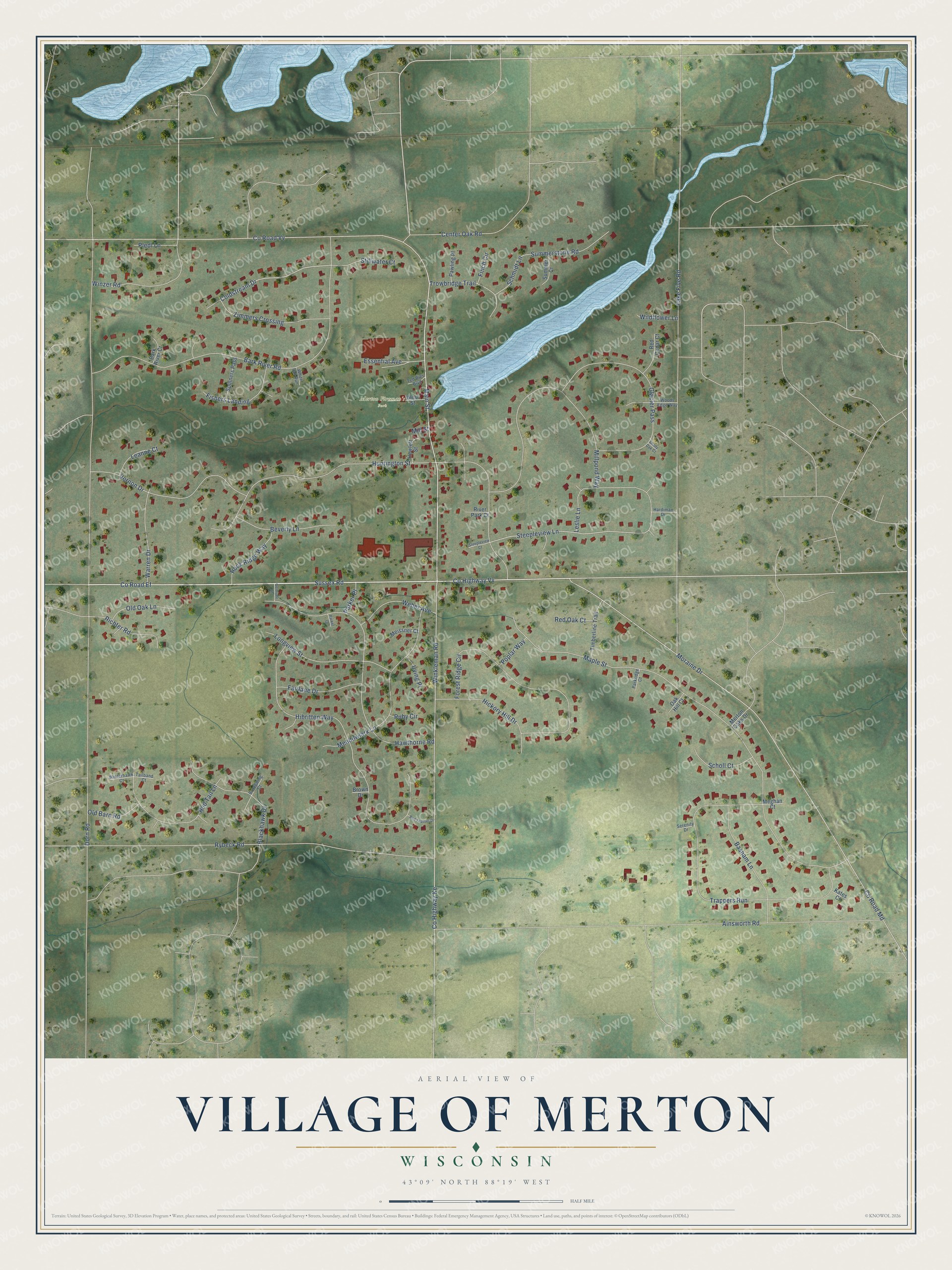 Full map of Merton, Wisconsin, with red buildings, printed street names and the land around them