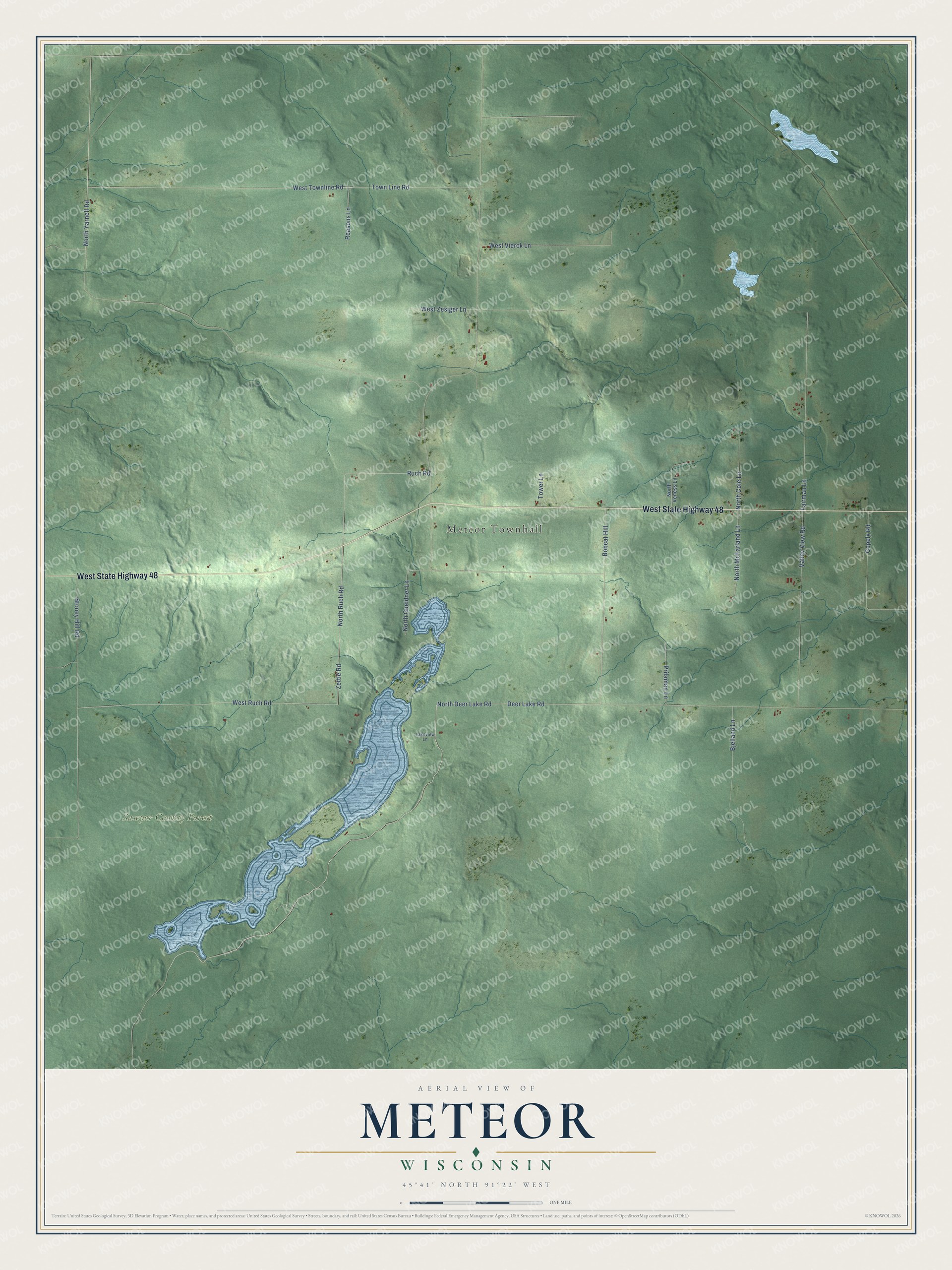 Full map of Meteor, Wisconsin, with red buildings, printed street names and the land around them