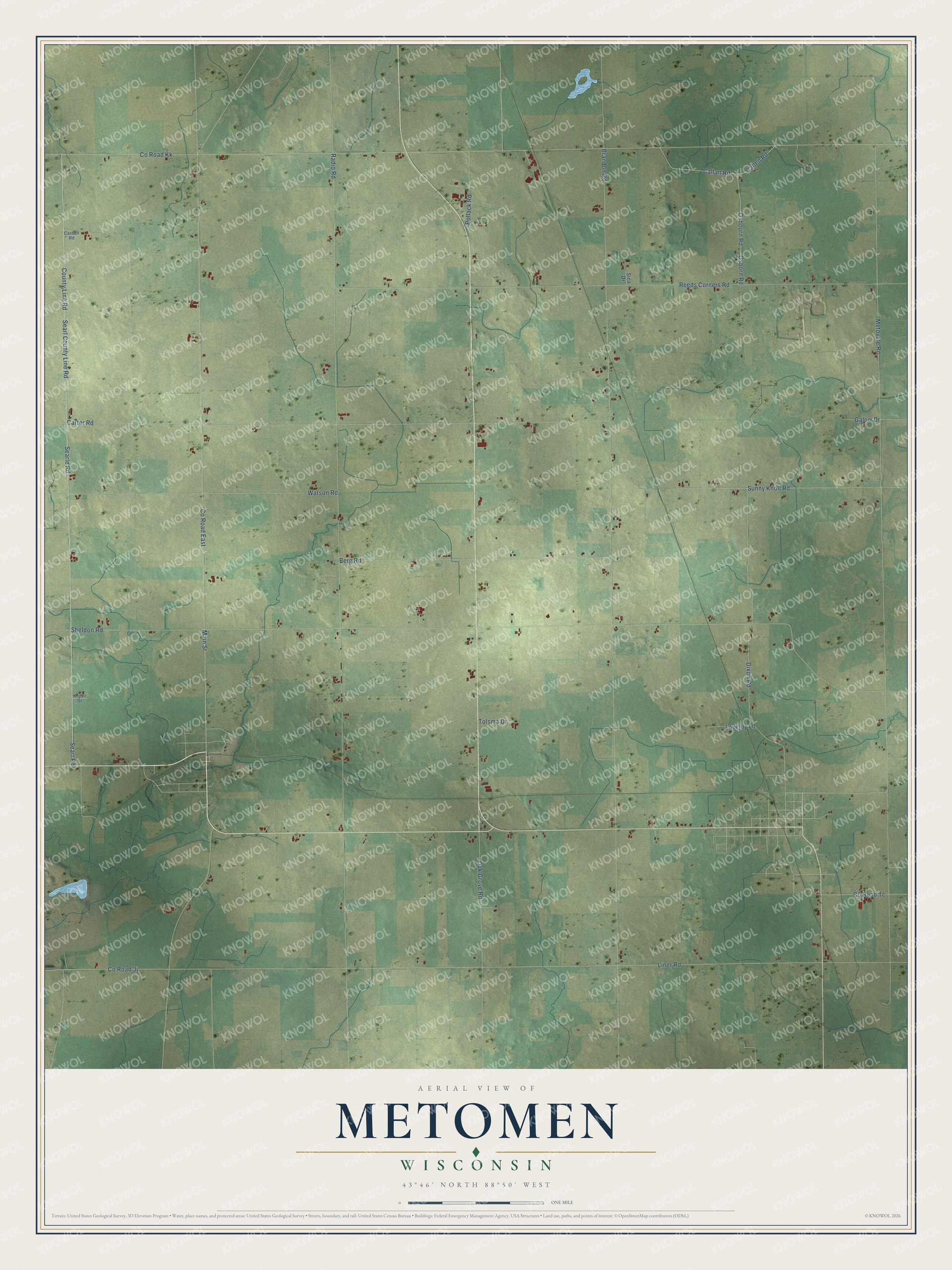 Full map of Metomen, Wisconsin, with red buildings, printed street names and the land around them