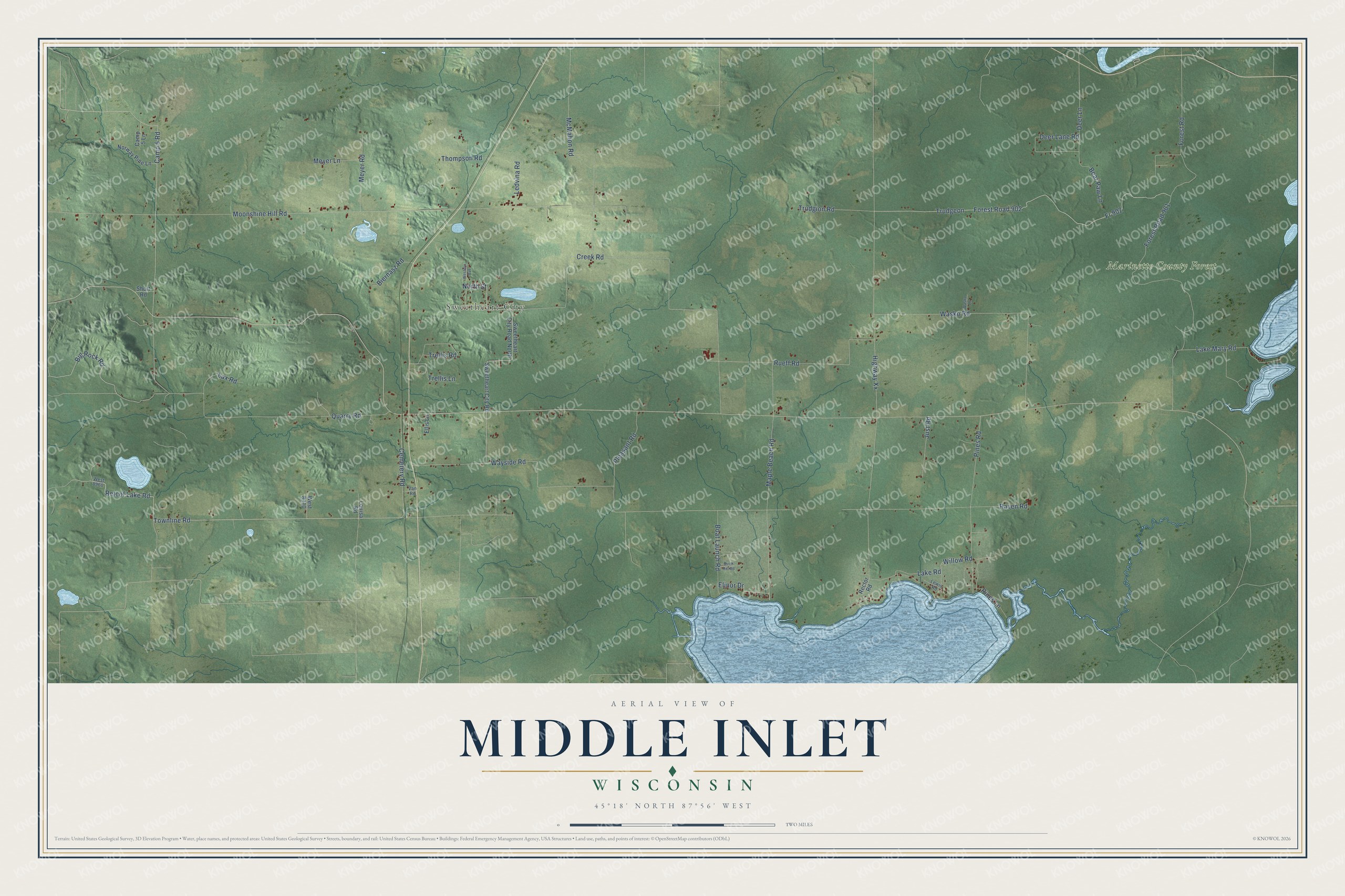 Full map of Middle Inlet, Wisconsin, with red buildings, printed street names and the land around them