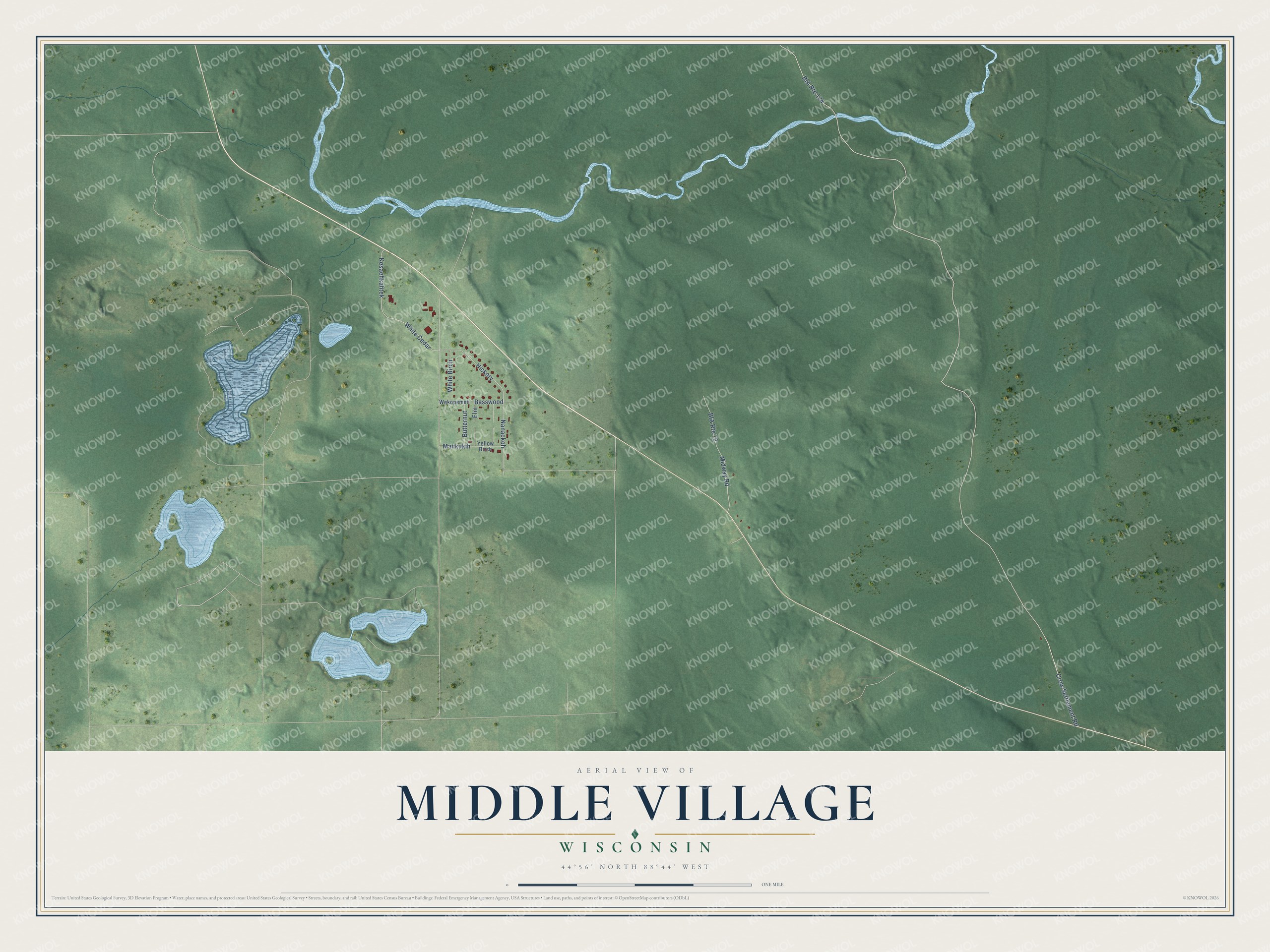 Full map of Middle Village, Wisconsin, with red buildings, printed street names and the land around them