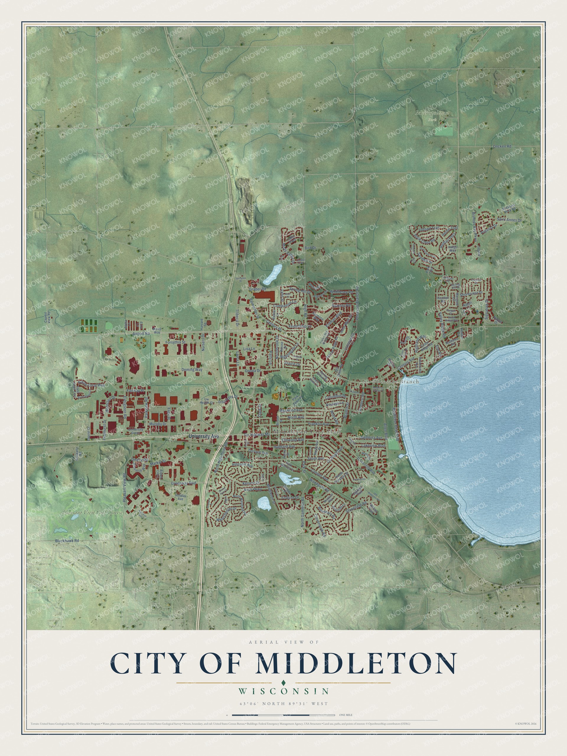 Full map of Middleton, Wisconsin, with red buildings, printed street names and the land around them