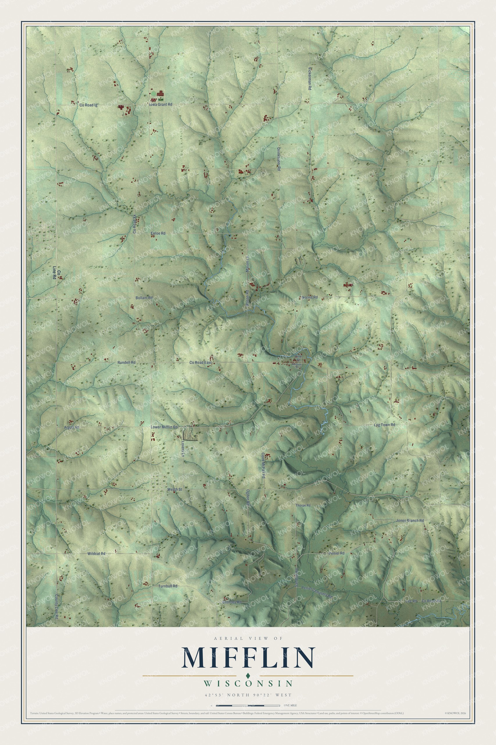 Full map of Mifflin, Wisconsin, with red buildings, printed street names and the land around them