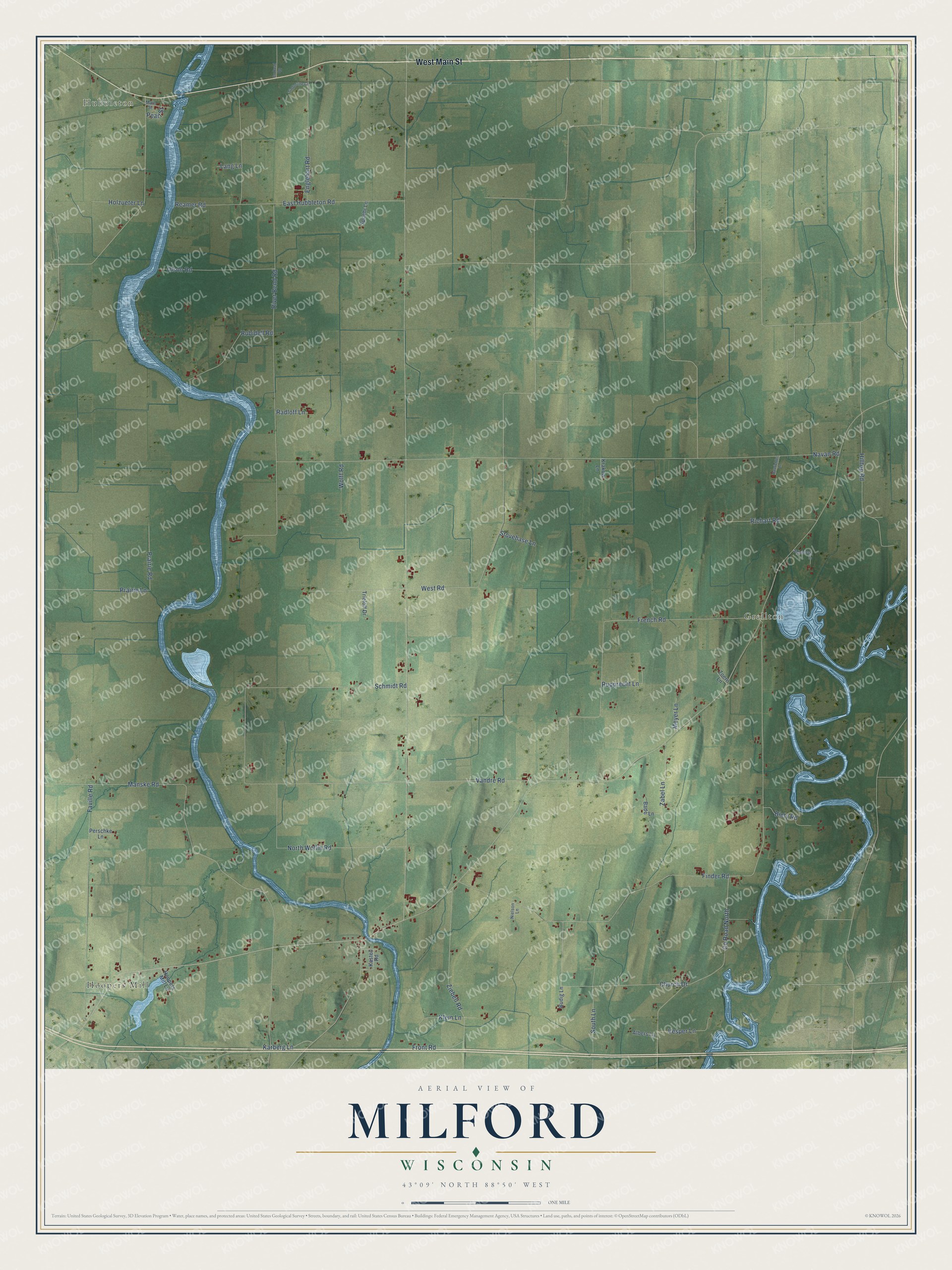 Full map of Milford, Wisconsin, with red buildings, printed street names and the land around them