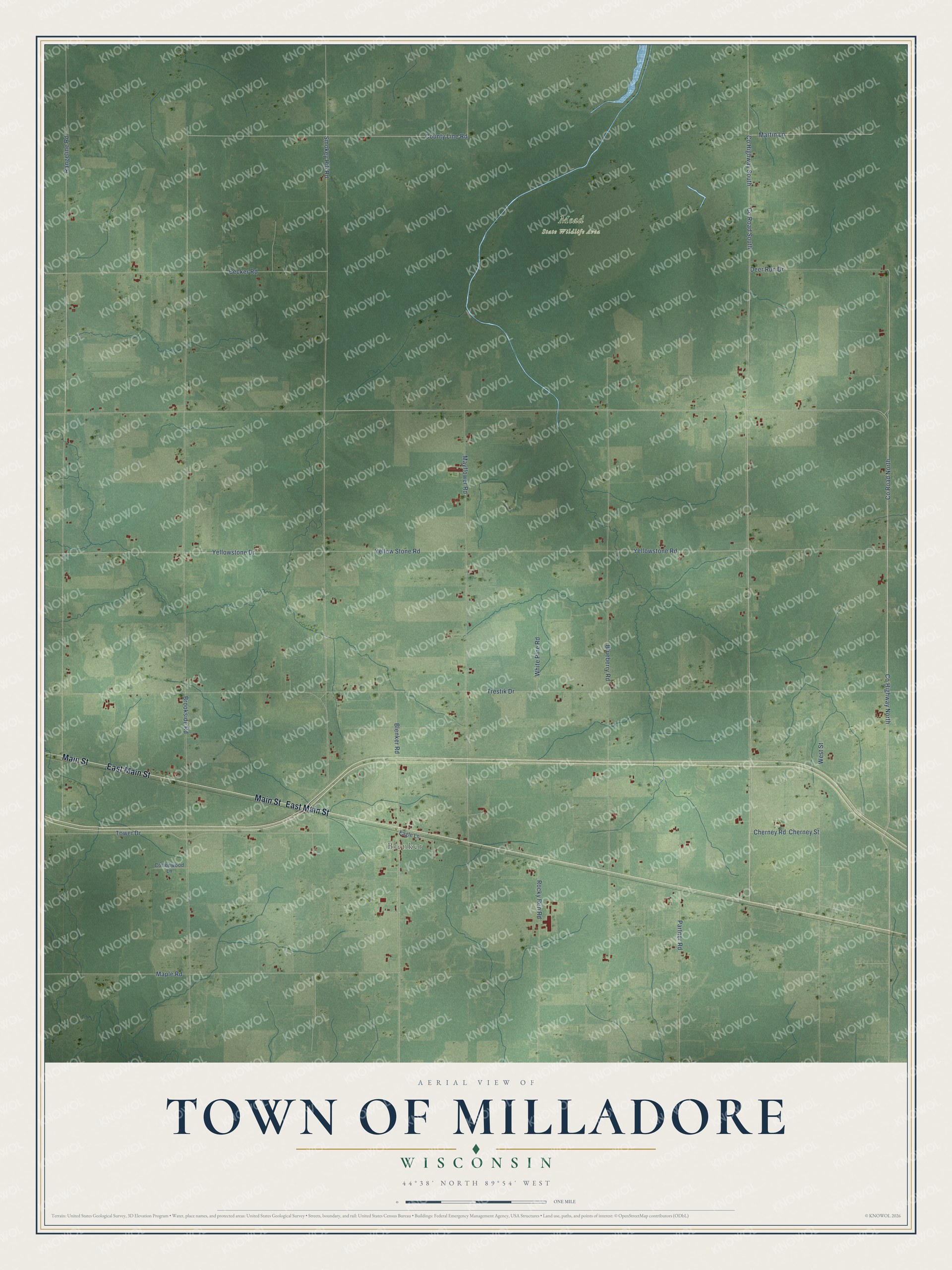 Full map of Milladore, Wisconsin, with red buildings, printed street names and the land around them