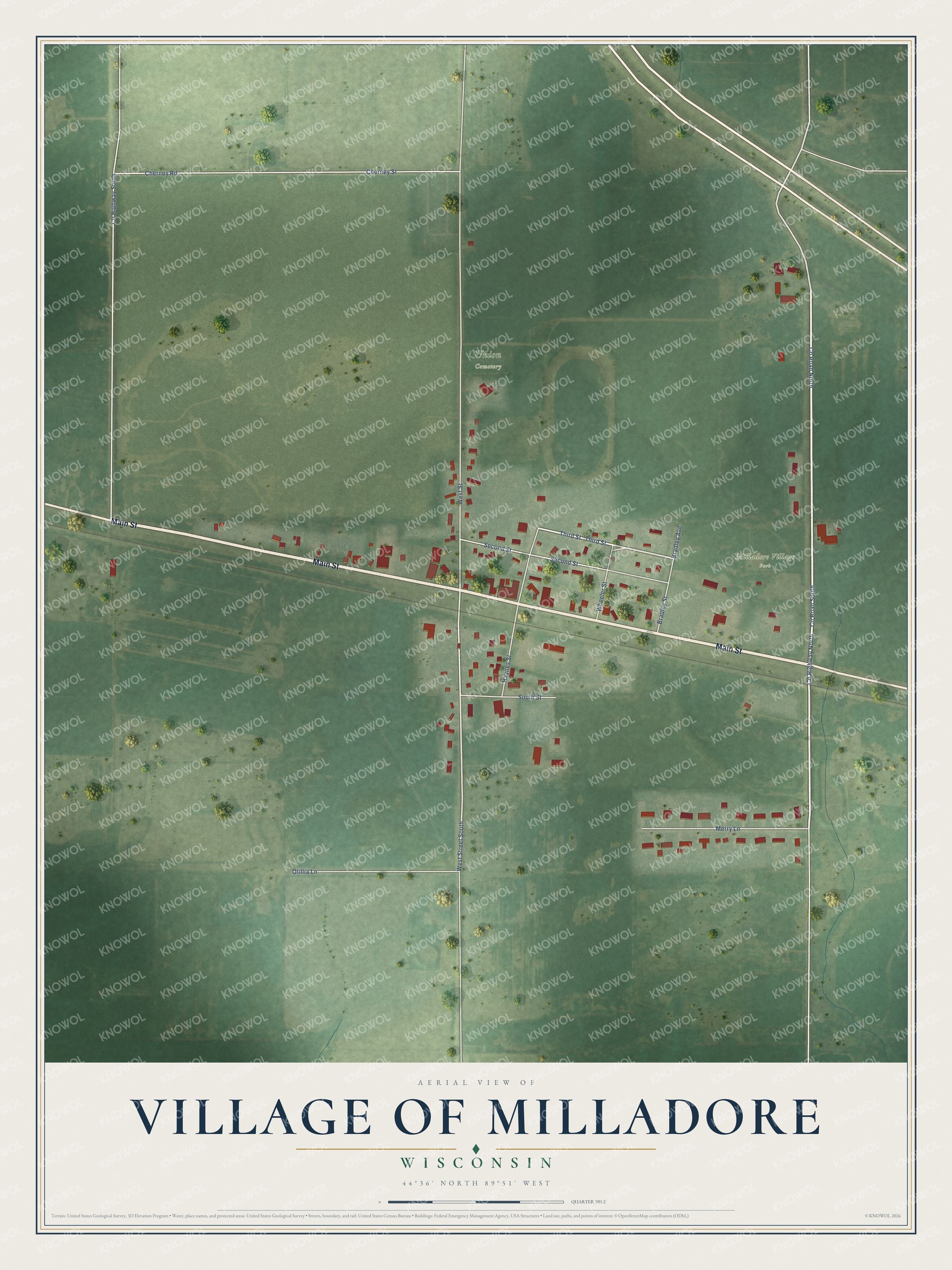 Full map of Milladore, Wisconsin, with red buildings, printed street names and the land around them