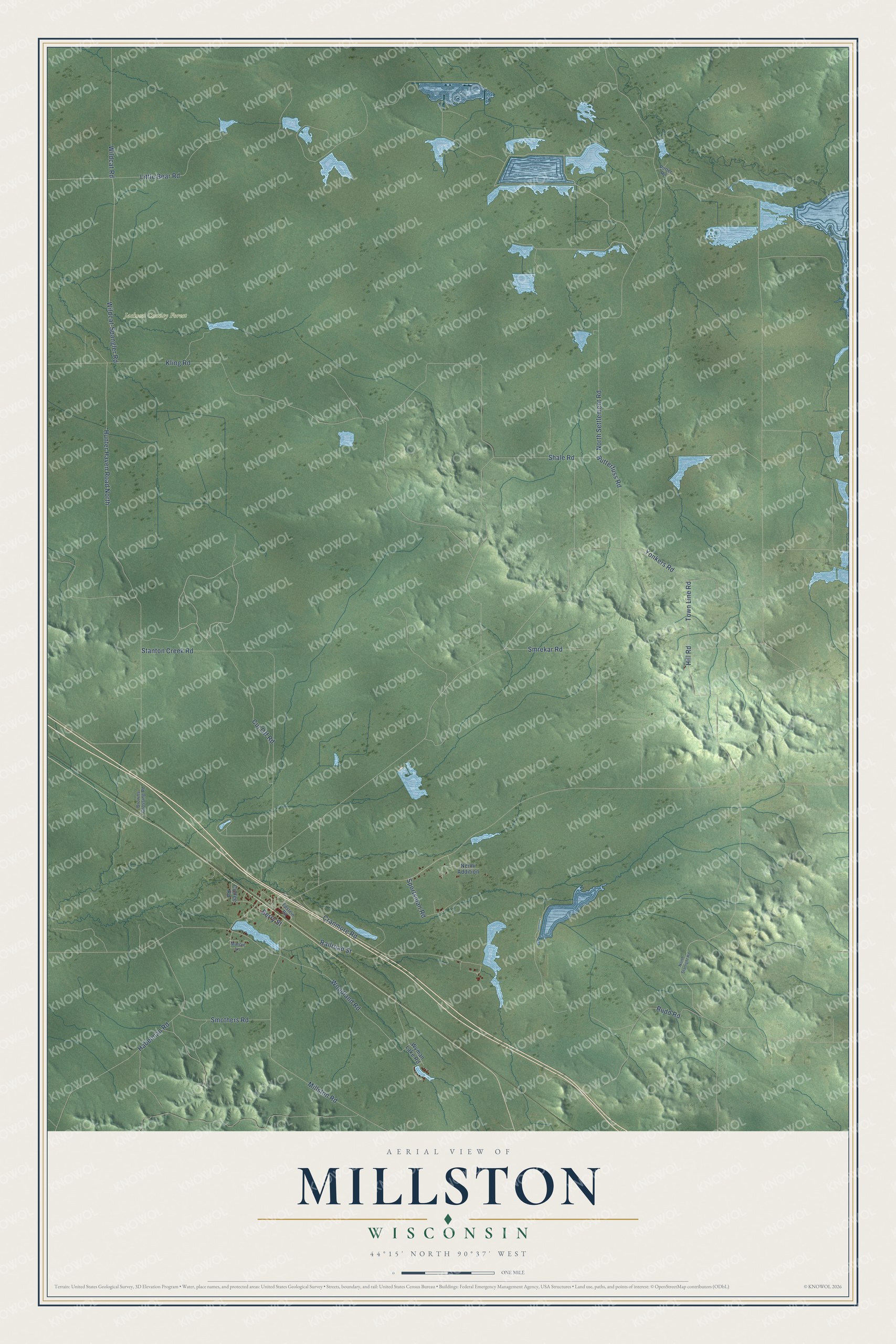 Full map of Millston, Wisconsin, with red buildings, printed street names and the land around them