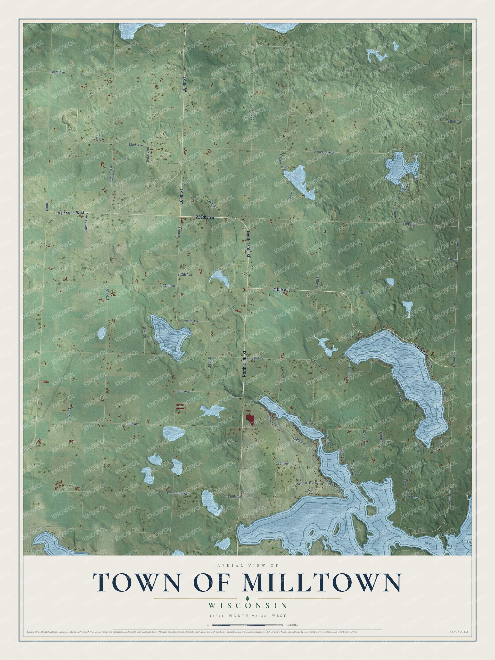 Full map of Milltown, Wisconsin, with red buildings, printed street names and the land around them
