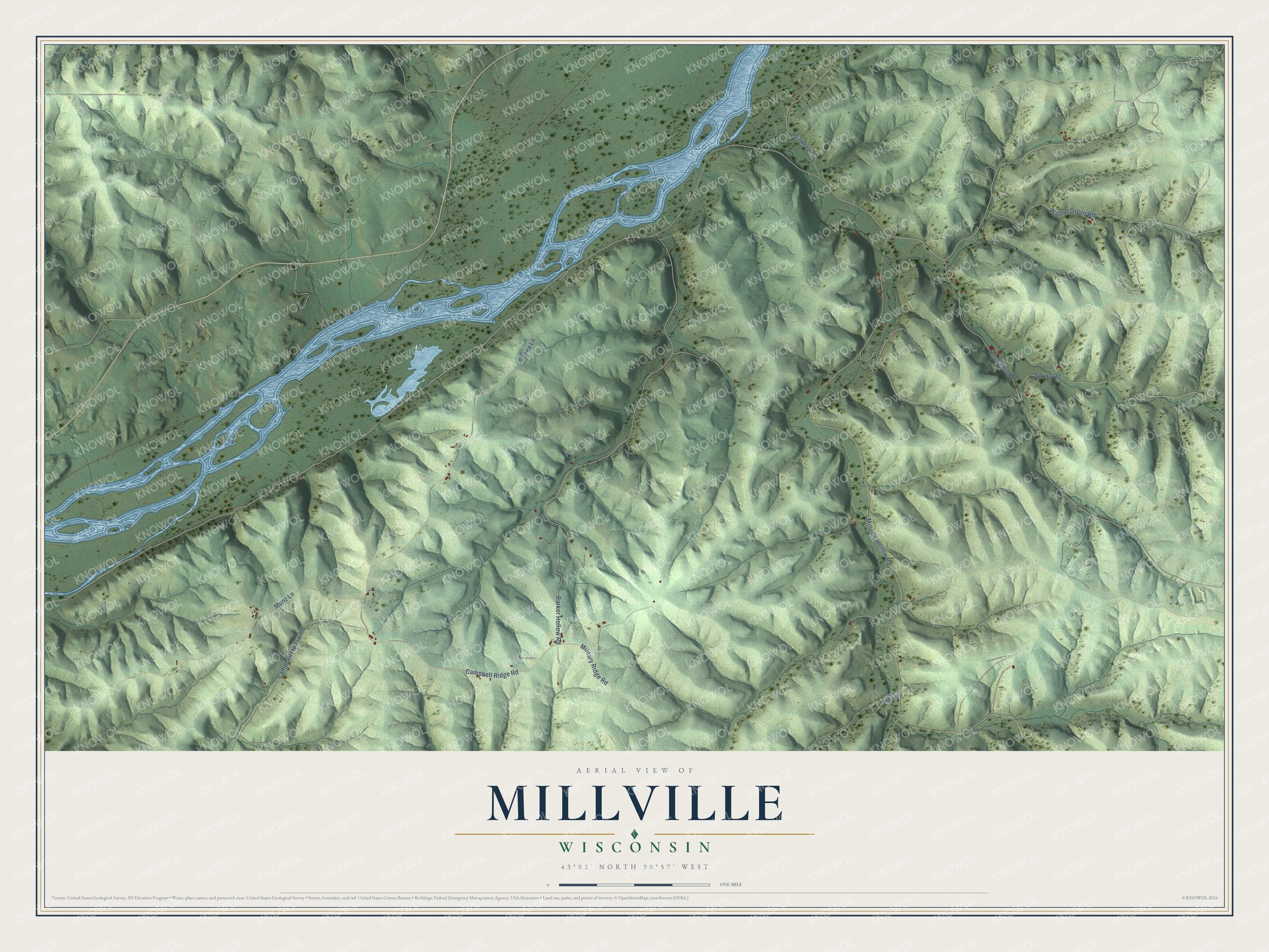 Full map of Millville, Wisconsin, with red buildings, printed street names and the land around them